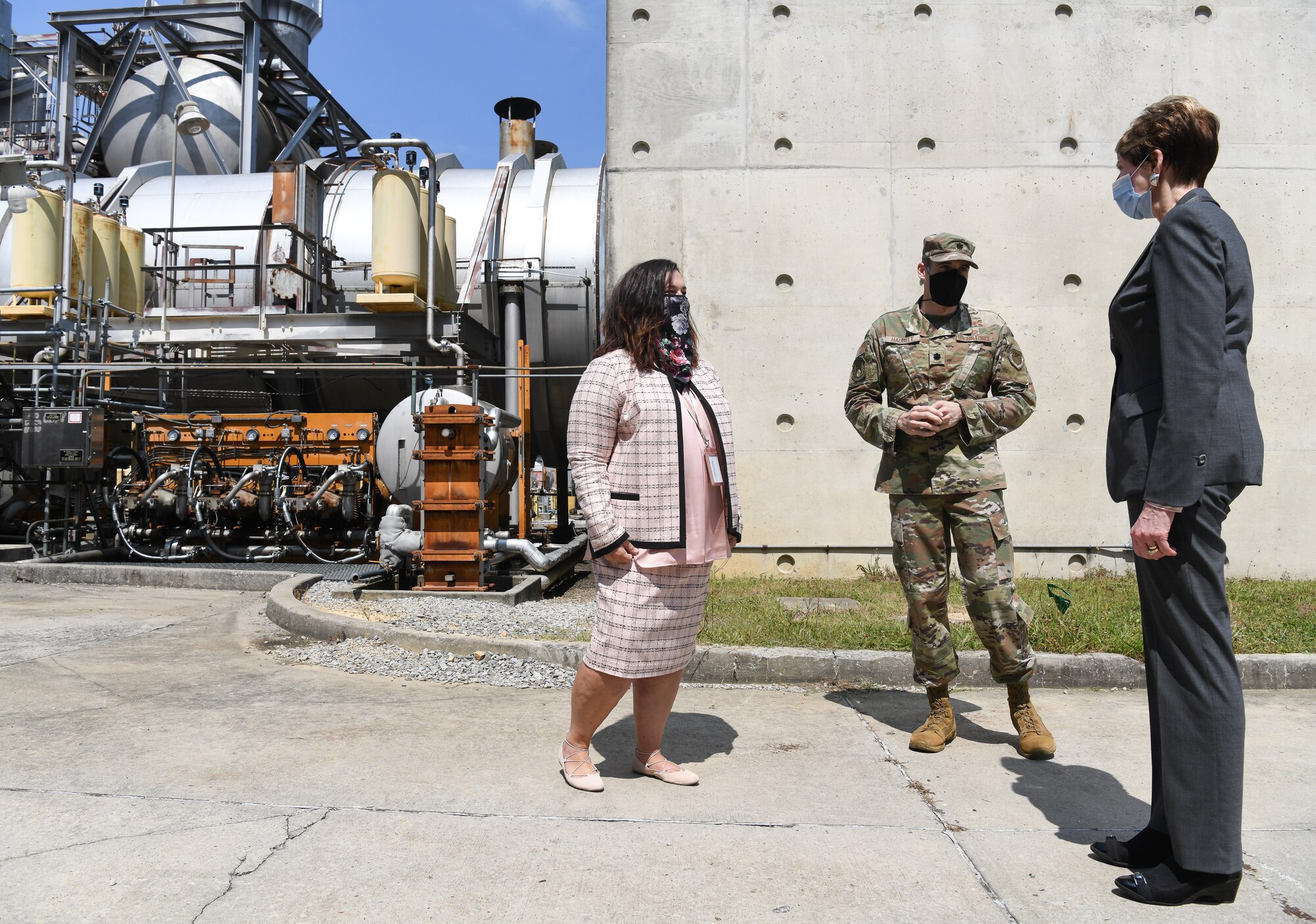 Melissa Tate, left, deputy director of Aeropropulsion for Arnold Engineering Development Complex, and Lt. Col. Lane Haubelt, chief of the Aeropropulsion Test Branch, speak about the Aeropropulsion Systems Test Facility with Secretary of the Air Force Barbara Barrett during her visit, June 18, 2020, to Arnold Air Force Base, Tenn. (U.S. Air Force photos by Jill Pickett)