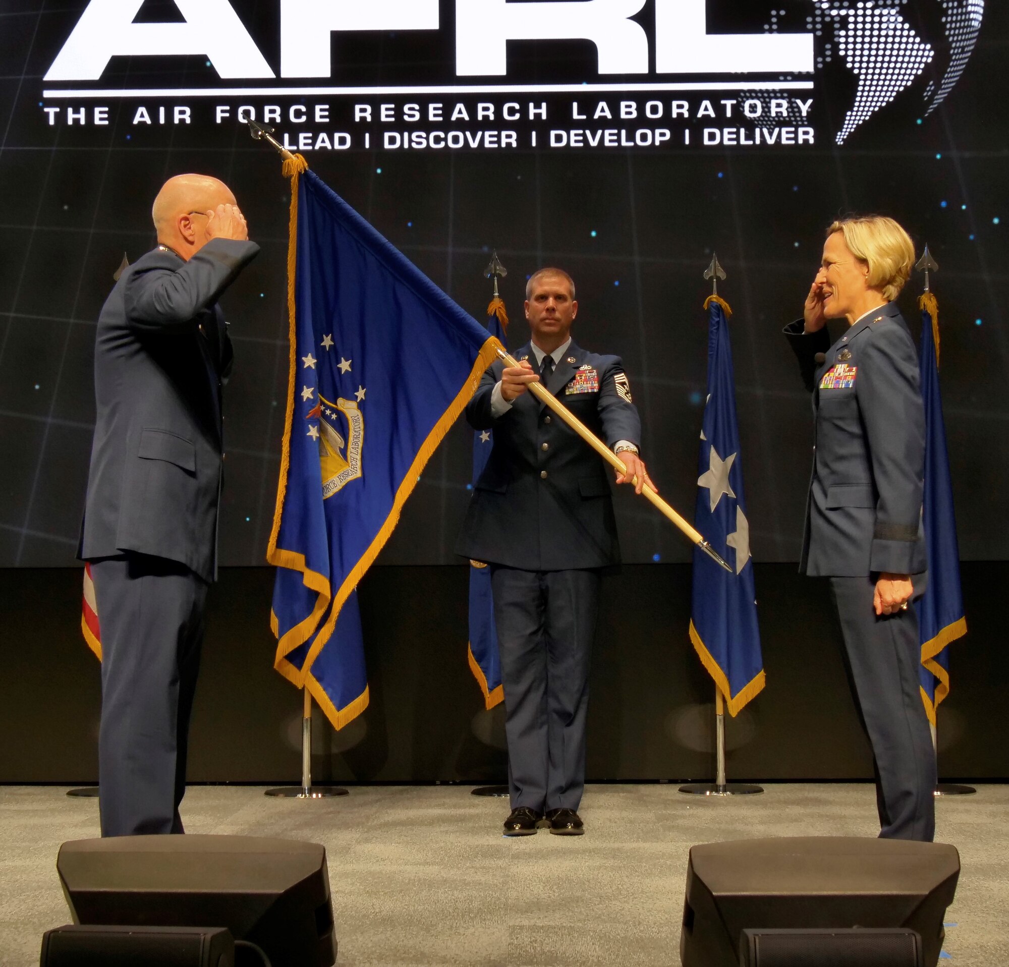 Brig. Gen. Heather L. Pringle assumes command of the Air Force Research Laboratory headquartered at Wright Patterson AFB, Ohio, from Gen. Arnold W. Bunch, commander, Air Force Materiel Command, during a ceremony June 18 at the Air Force Institute of Technology’s Kenney Hall Auditorium. The event was live-streamed on YouTube to support social distancing and allow the community to witness the ceremony. (U.S. Air Force Photo/Keith Lewis)