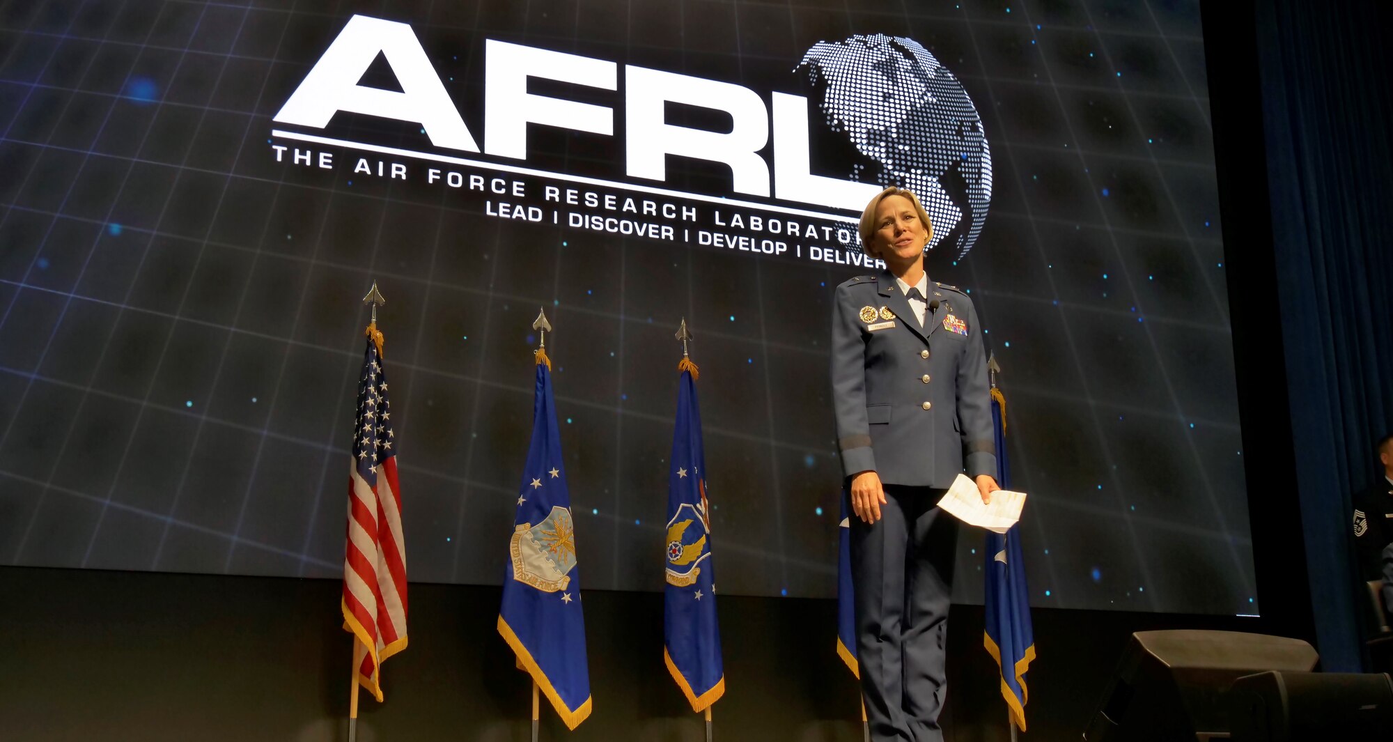 Brig. Gen. Heather L. Pringle officially assumed command of the Air Force Research Laboratory during an assumption of command ceremony at the Air Force Institute of Technology’s Kenney Hall Auditorium June 18. (U.S. Air Force Photo/Keith Lewis)