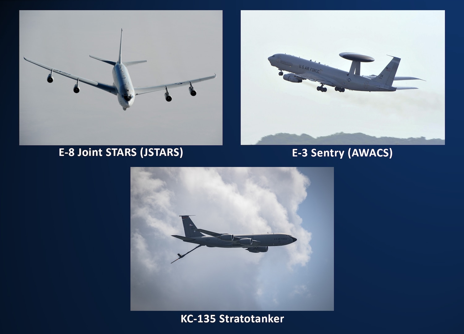 An E-3 Sentry (AWACS) and E-8 Joint STARS (JSTARS), and a KC-135 Stratotanker aerial refueling aircraft.