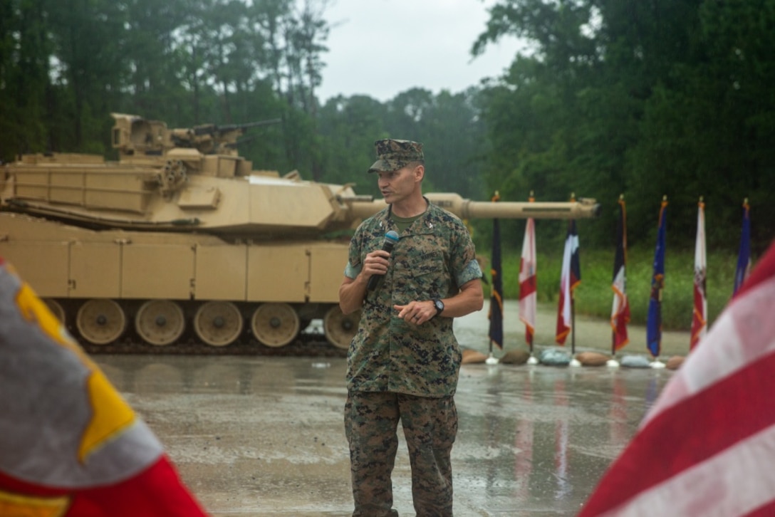 U.S. Marine Corps Col. David Wallis gives remarks during the 2d Tank Battalion change of command ceremony at Camp Lejeune, North Carolina, June 12, 2020. During the ceremony, Lt. Col. Charles D. Nicol relinquished command of the unit to Lt. Col. Matthew A. Dowden. (U.S. Marine Corps photo by Cpl. Ashley McLaughlin)