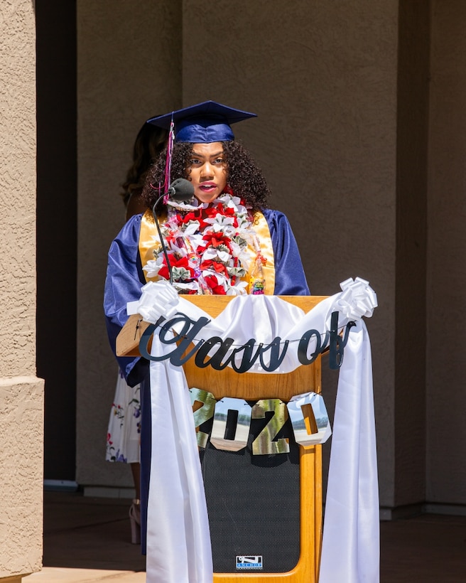 Kiona Mitchell, the self-appointed valedictorian of the 2020 graduation class, gives a speech at the Milcon Clubhouse on Marine Corps Air Station Miramar, California, June 13, 2020.