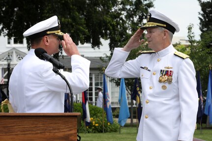 Vice Admiral William J. Galinis relieves Vice Admiral Thomas J. Moore as the Commander of Naval Sea Systems Command (NAVSEA) in a Change of Command Ceremony in Leutze Park at the Washington Navy Yard. The event was hosted by Admiral Michael Gilday, Chief of Naval Operations, and Admiral Frank Caldwell, Director, Naval Nuclear Propulsion.