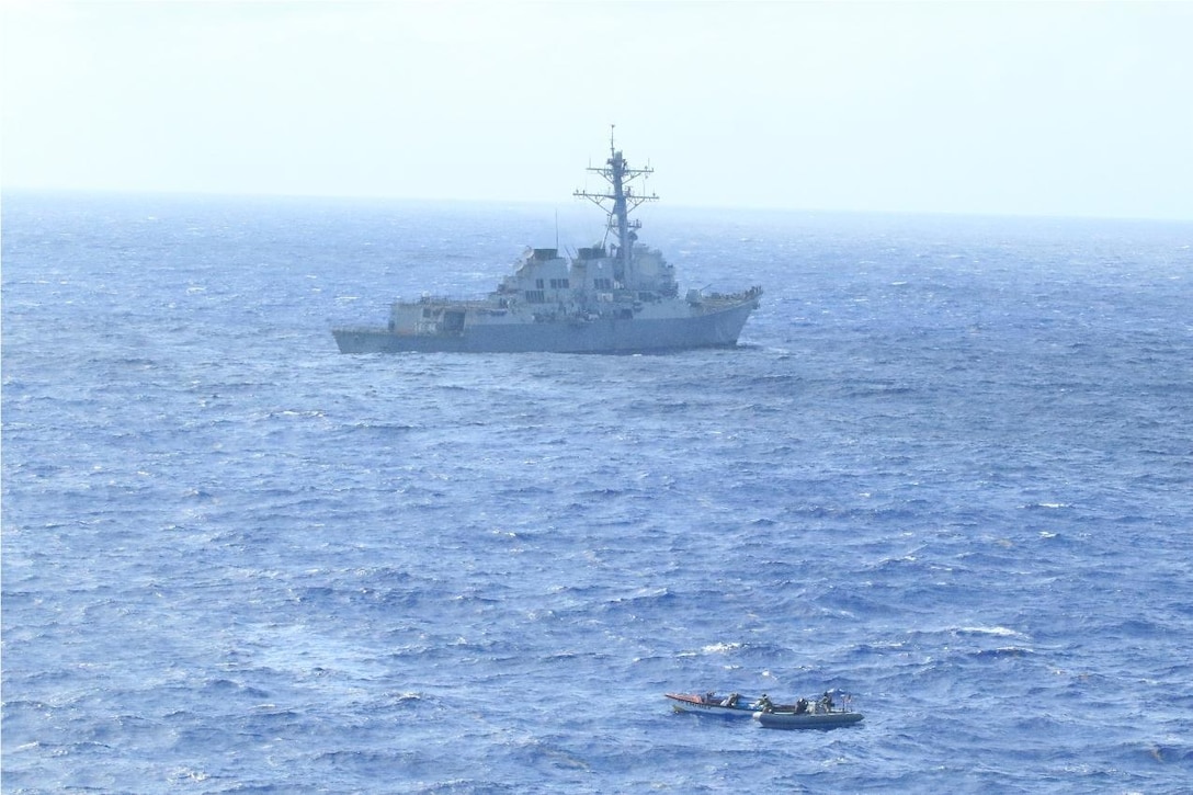 USS Lassen with embarked U.S. Coast Guard Law Enforcement Detachment team conducts enhanced counter narcotics operations in the Caribbean Sea, May 26, 2020.