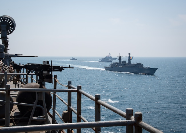 2000619-N-VP266-1219 BLACK SEA (June 19, 2020) Foreign ships and the Arleigh Burke-class guided-missile destroyer USS Porter (DDG 78), transit the Black Sea behind the Harpers Ferry-class amphibious dock landing ship USS Oak Hill (LSD 51), during a formation exercise, June 19, 2020. Oak Hill, is conducting operations in U.S. 6th Fleet in support of regional allies and partners, and U.S national security interests in Europe and Africa. (U.S. Navy photo by Mass Communication Specialist 3rd Class Griffin Kersting/Released)