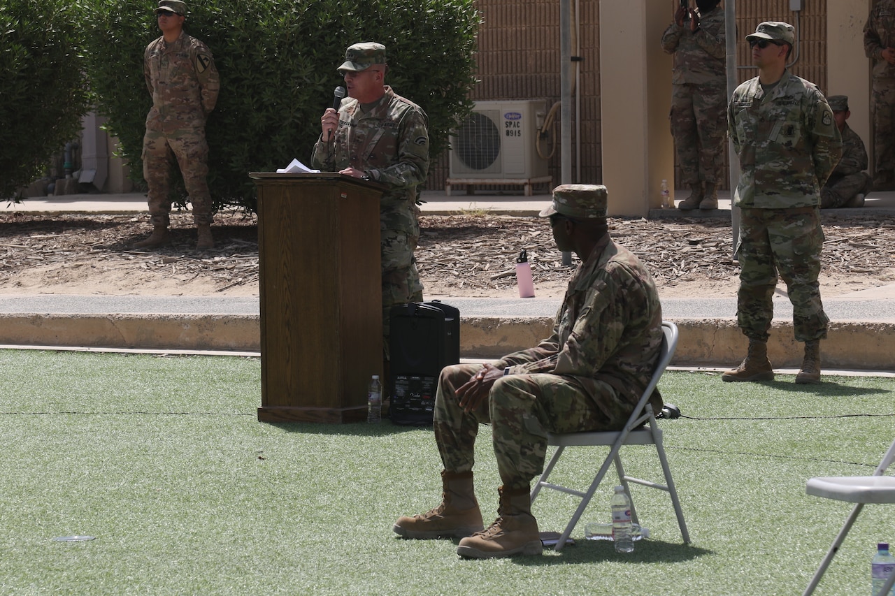 Army Maj. Gen. Steven Ferrari speaking at a graduation.