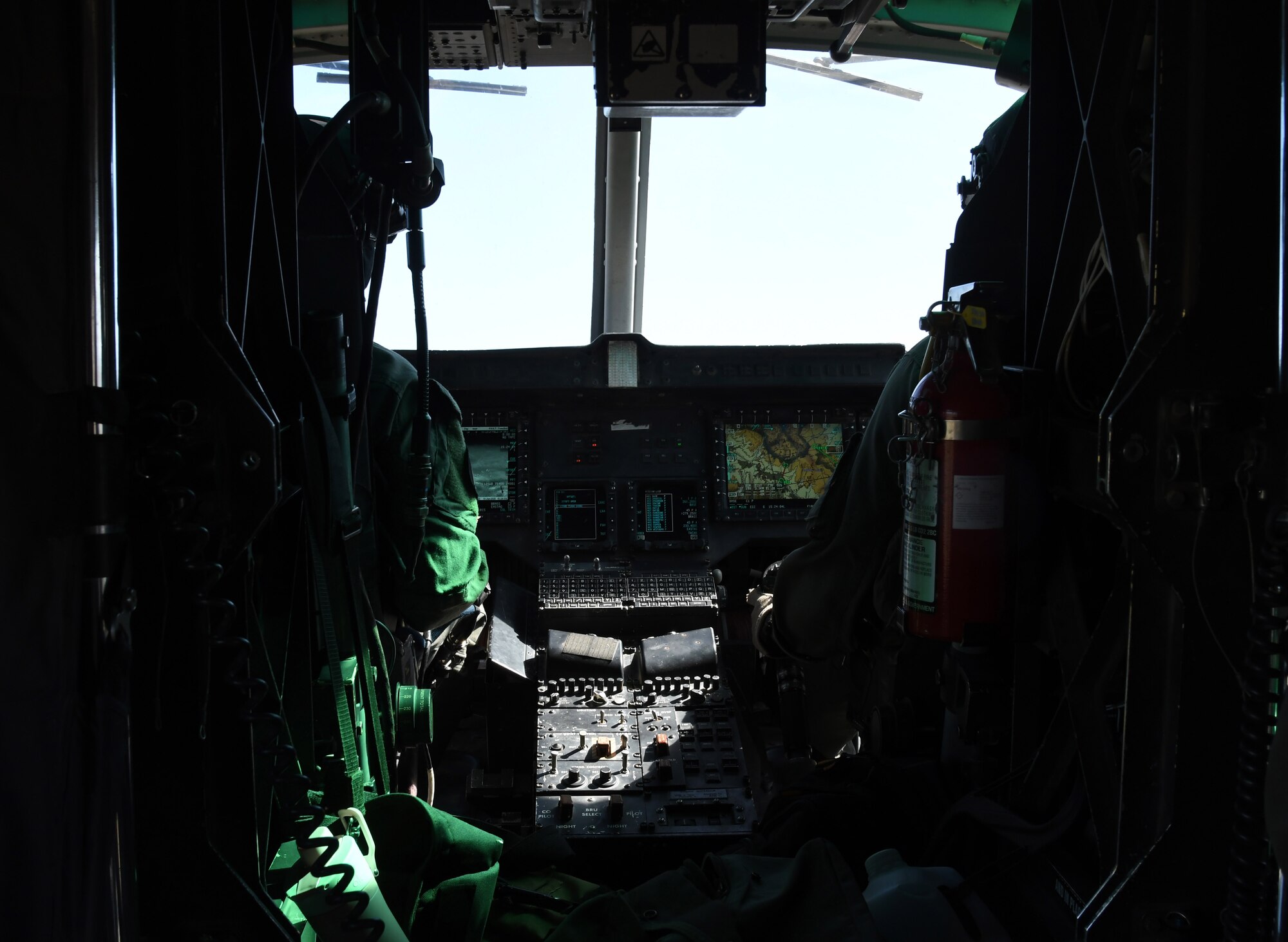 A photo of a cockpit in a helicopter.