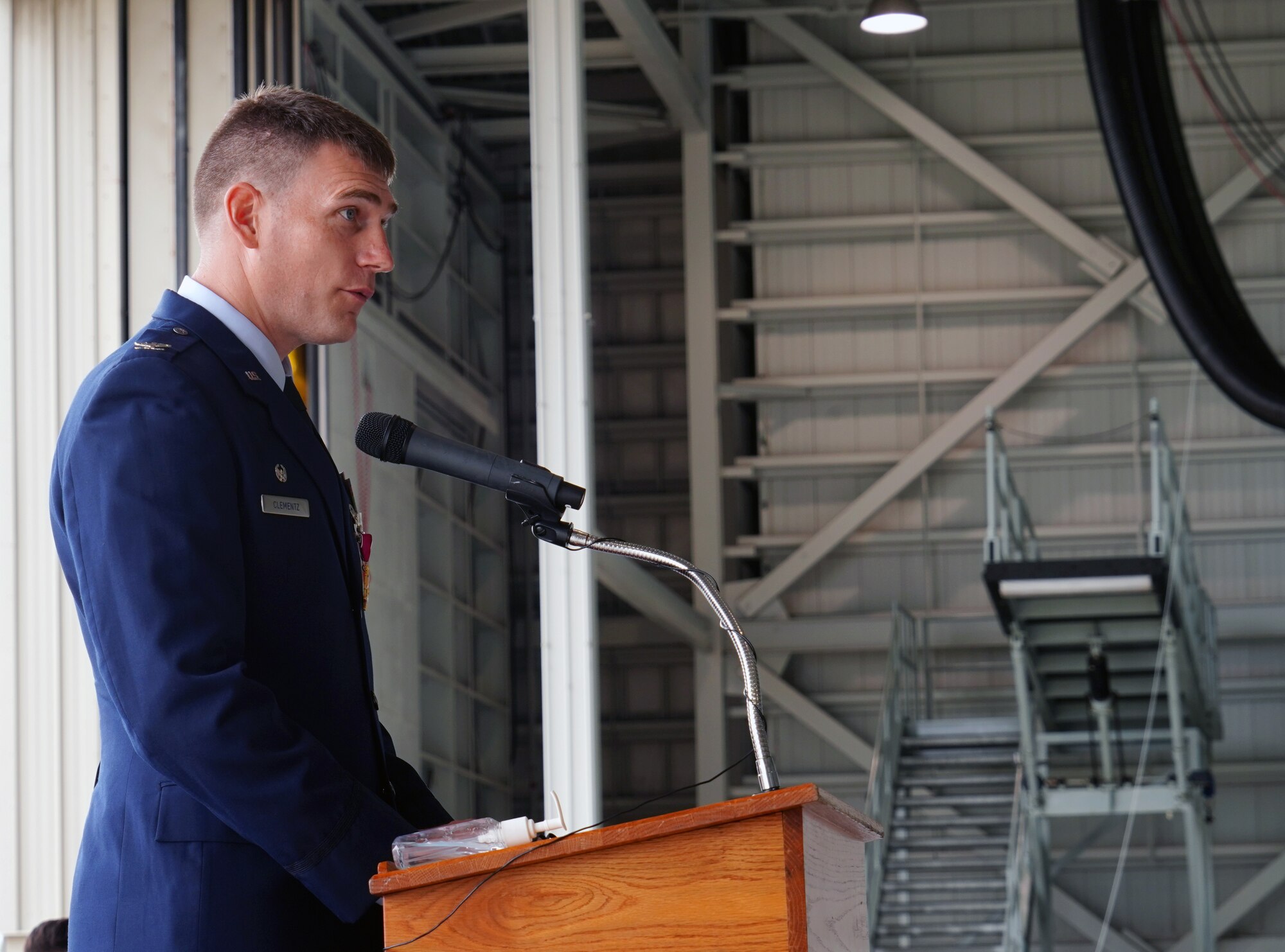 Col. Dominic Clementz, 15th Maintenance Group commander, speaks at the 15th Maintenance Group Change of Command on Joint Base Pearl Harbor-Hickam, Hawaii, June 18, 2020, before relinquishing command. Col. Robert Blake assumed command of the 15th MXG from Clementz in Hangar 19. (U.S. Air Force photo by Airman 1st Class Erin Baxter)
