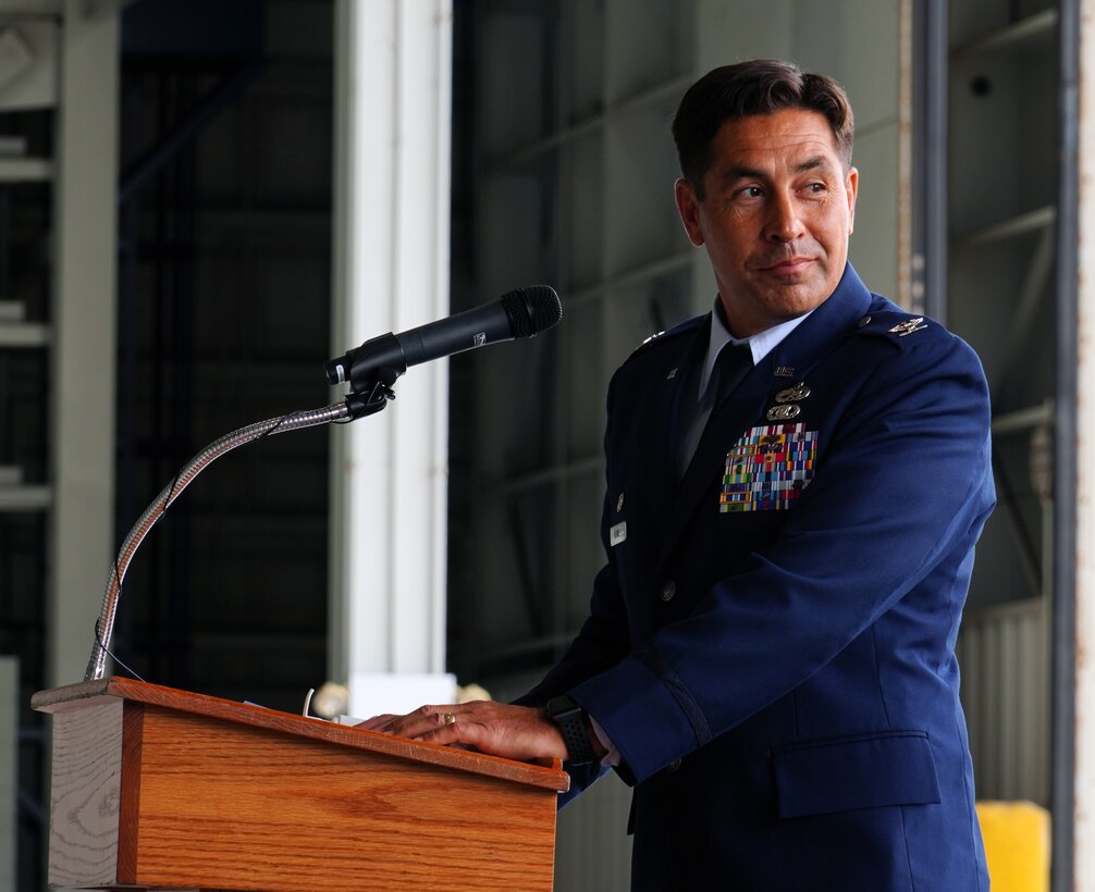 Col. Robert Blake speaks at the 15th Maintenance Group Change of Command on Joint Base Pearl Harbor-Hickam, Hawaii, June 18, 2020. Blake assumed command of the 15th MXG from Col. W. Halsey Burks, 15th Wing commander, in Hangar 19. (U.S. Air Force photo by Airman 1st Class Erin Baxter)