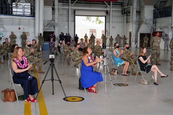 Attendees applaud at the 15th Maintenance Group Change of Command on Joint Base Pearl Harbor-Hickam, Hawaii, June 18, 2020. Col. Robert Blake assumed command of the 15th MXG from Col. W. Halsey Burks, 15th Wing commander, in Hangar 19. (U.S. Air Force photo by Airman 1st Class Erin Baxter)