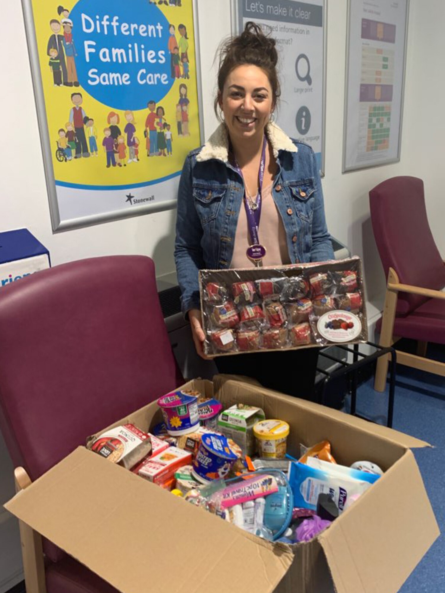 A fundraising officer accepts food and hygiene item donations from Team Mildenhall at West Suffolk Hospital in Bury St Edmunds, England, June 9, 2020. The base has donated items since February to support front-line healthcare workers fighting COVID-19. (Courtesy photo)
