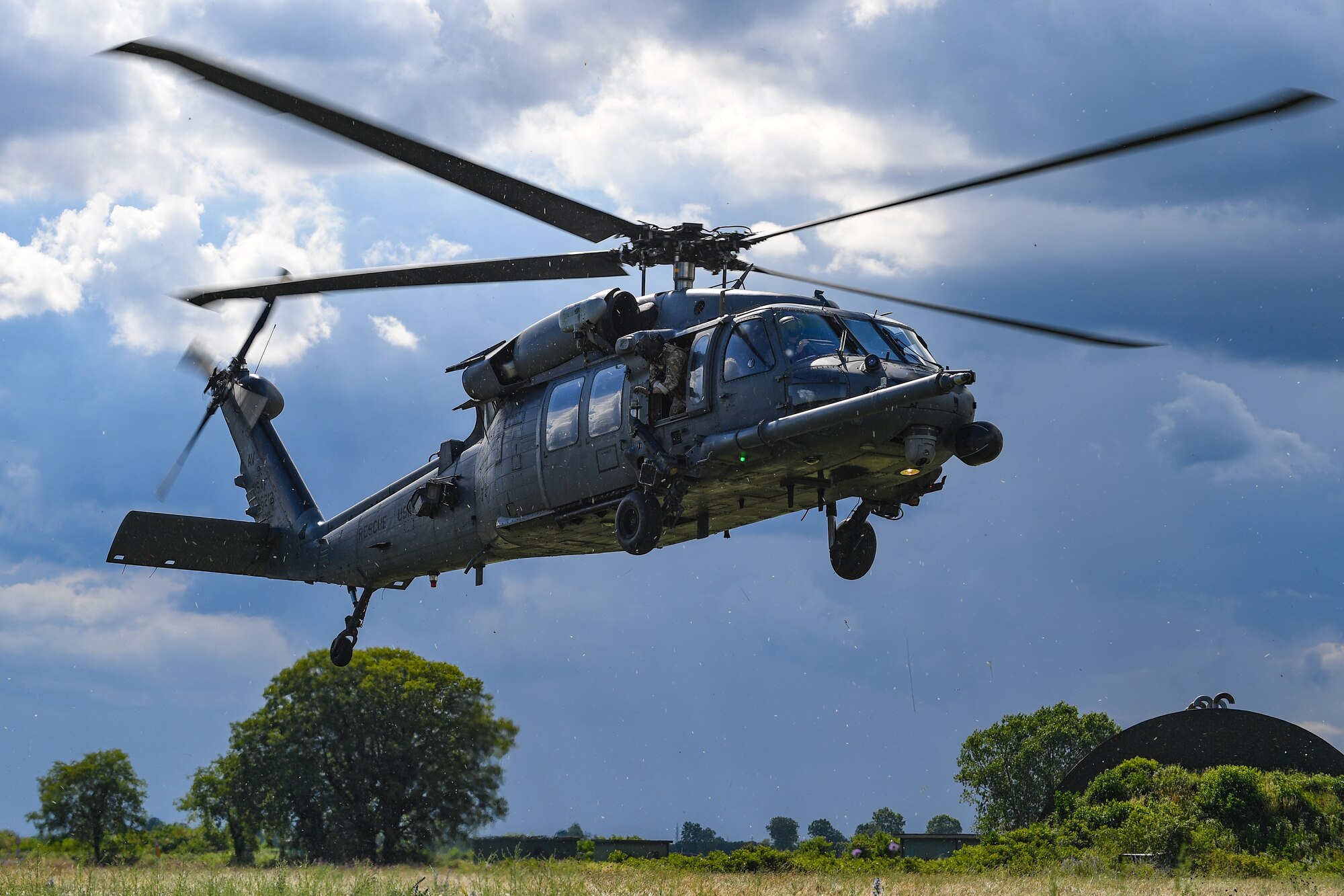 A U.S. Air Force HH-60G Pave Hawk helicopter assigned to the 56th Rescue Squadron comes in for a landing during an exercise at Rivolto Air Base, Italy, June 11, 2020. The 56th RQS provides a rapidly-deployable, worldwide combat rescue and reaction force response utilizing HH-60G Pave Hawk helicopters. (U.S. Air Force photo by Airman 1st Class Thomas S. Keisler IV)