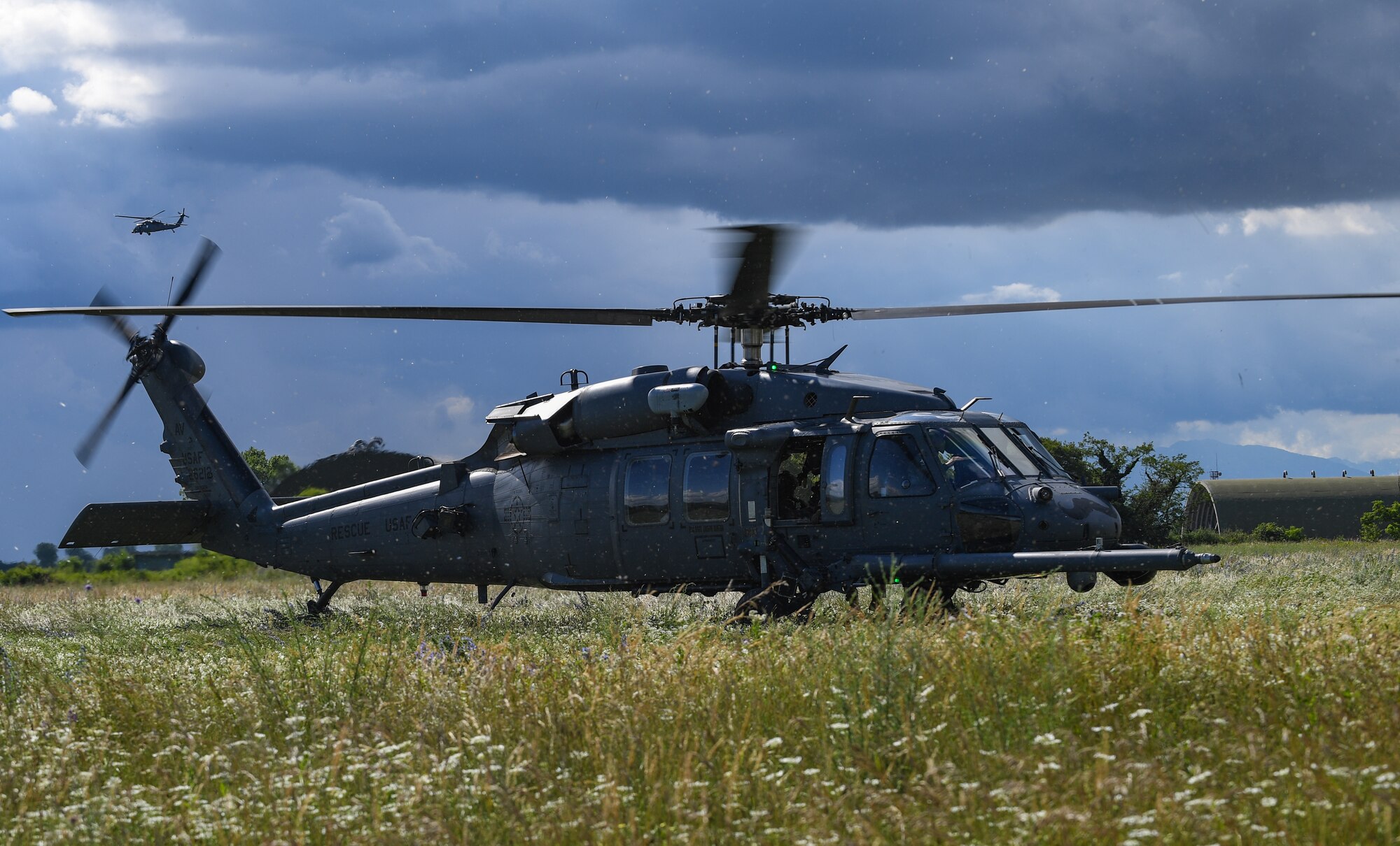 A U.S. Air Force HH-60G Pave Hawk helicopter assigned to the 56th Rescue Squadron lands at Rivolto Air Base, Italy, June 11, 2020. The 56th RQS integrates with the Guardian Angels weapon system and other special forces to support insertion, extraction and recovery of both U.S. and allied combatants. (U.S. Air Force photo by Airman 1st Class Thomas S. Keisler IV)