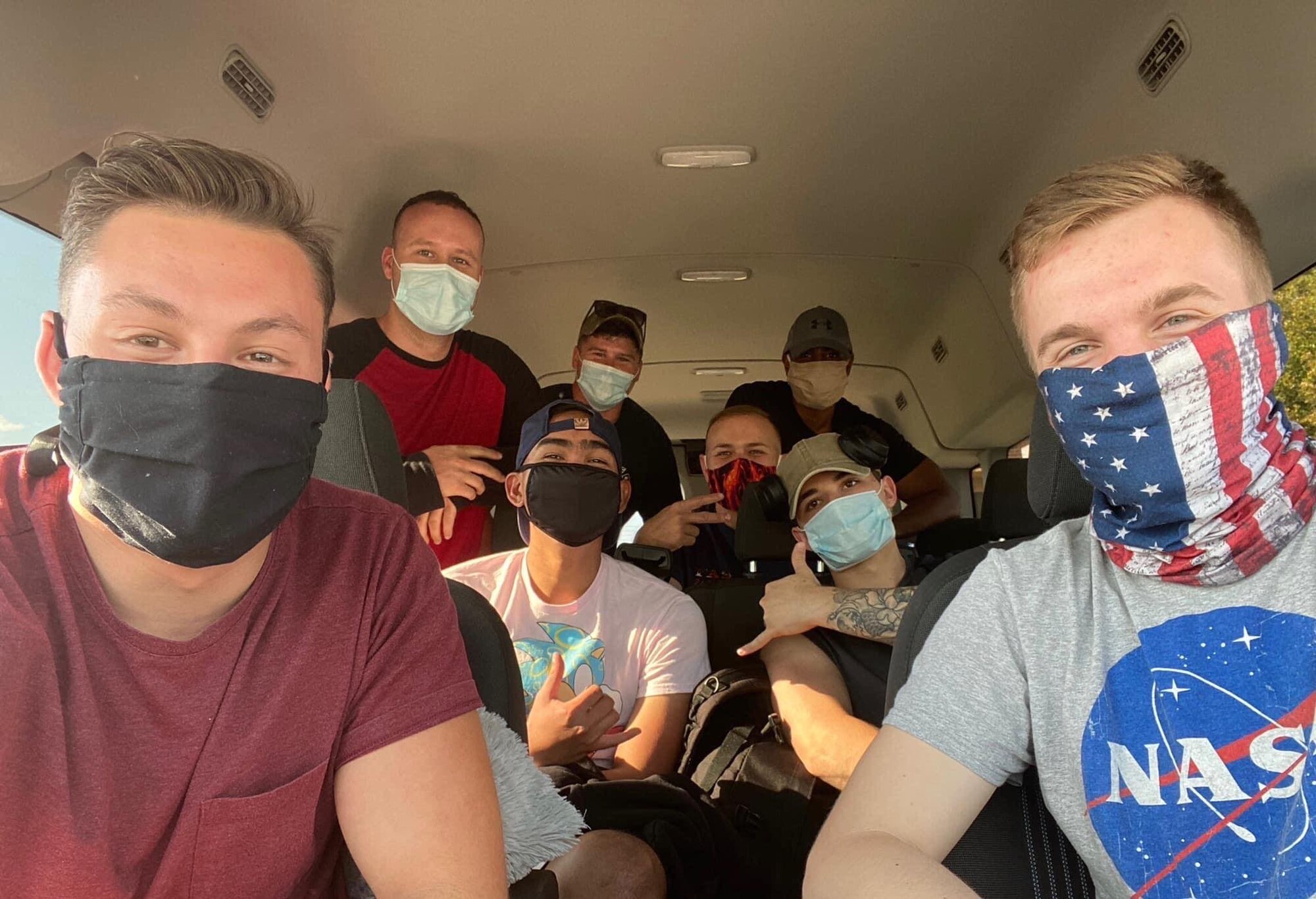 Members of the 47th Flying Training Wing’s Honor Guard team, from Laughlin Air Force Base, Texas, pose for a picture in their vehicle during their trip to assist Dyess AFB with and active duty funeral for U.S. Congressman, retired Col. Samuel Robert Johnson, former P.O.W. and prior Thunderbird pilot. The funeral took place June 8, 2020 in Dallas. (Courtesy photo)