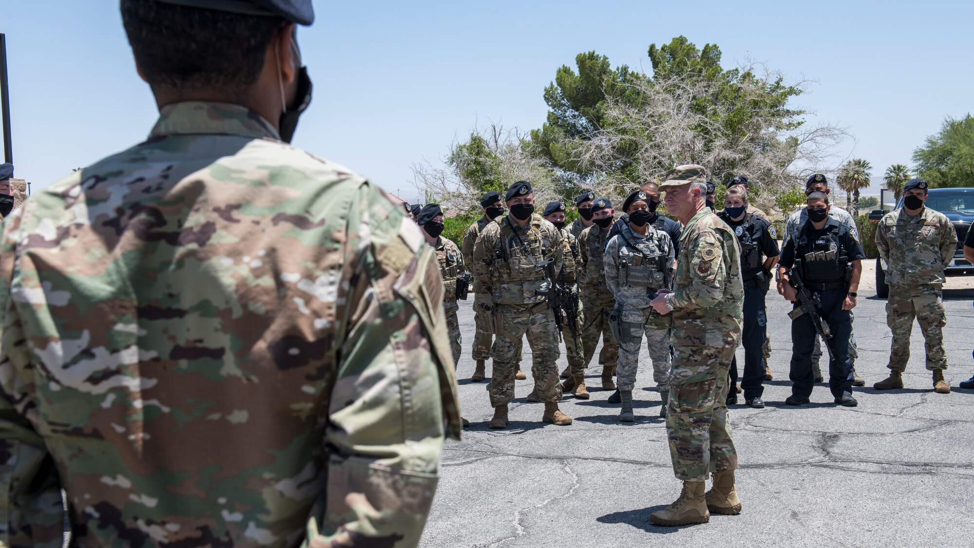 Air Force Chief of Staff Gen. David Goldfein talks to members of the 412th Security Forces Squadron prior to their Guard Mount procedures at Edwards Air Force Base, California, June 17. (Air Force photo by Giancarlo Casem)