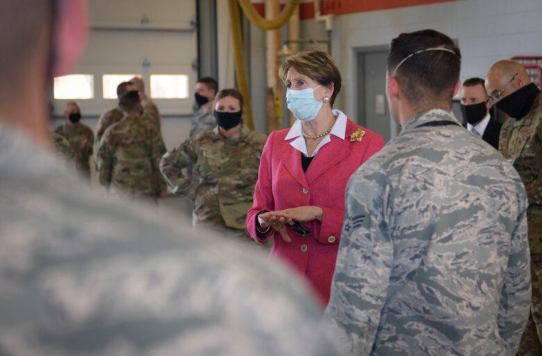 Secretary of the Air Force Barbara Barrett speaks with 509th Civil Engineer Squadron fire department members during a visit to Whiteman Air Force Base, Mo., June 11, 2020. Barrett spoke with base leaders, first responders and maintenance personnel across the installation to better understand Whiteman AFB’s mission in maintaining global support and combat readiness during the COVID-19 pandemic. (U.S. Air Force photo by Staff Sgt. Dylan Nuckolls)