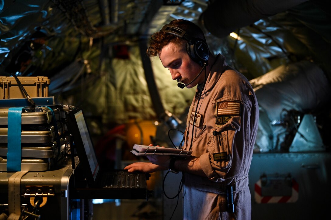 A KC-135 Stratotanker in-air refueling specialist with the 28th Expeditionary Air Refueling Squadron conducts pre-mission operations checks at Al Udeid Air Base, Qatar, May 21, 2020. The 28th EARS, deployed with U.S. Air Forces Central Command, is responsible for delivering fuel to U.S. and coalition forces providing air power, deterrence and stability to the region. (U.S. Air Force photo by Master Sgt. Joshua L. DeMotts)