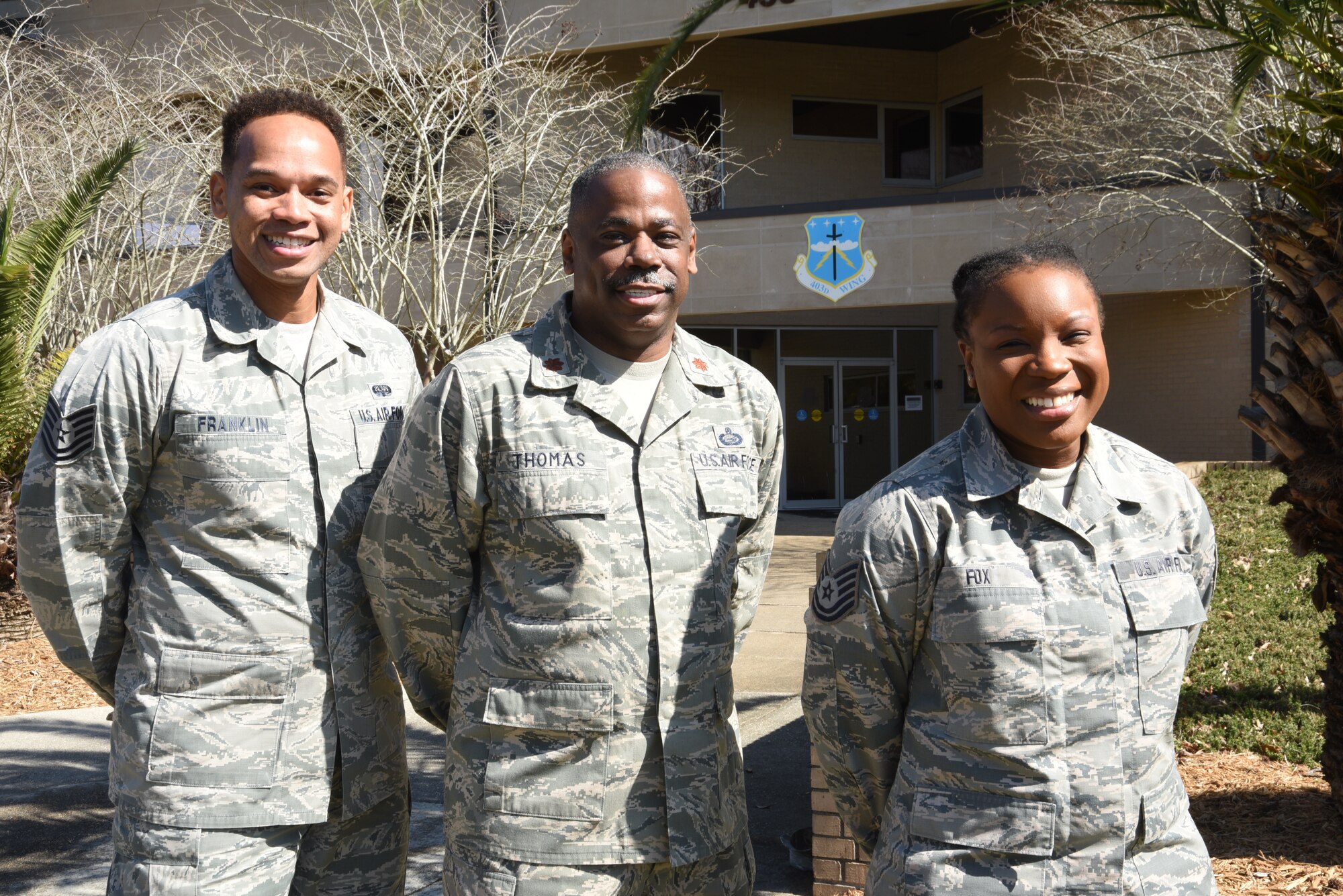 (left to right) Tech. Sgt. Lorenzo Franklin, Major Terry Thomas and Tech Sgt. Dominique Fox are the Equal Opportunity team members of the 403rd Wing at Keesler Air Force Base, Biloxi, Mississippi. (U.S. Air Force photo by Tech. Sgt. Michael Farrar)