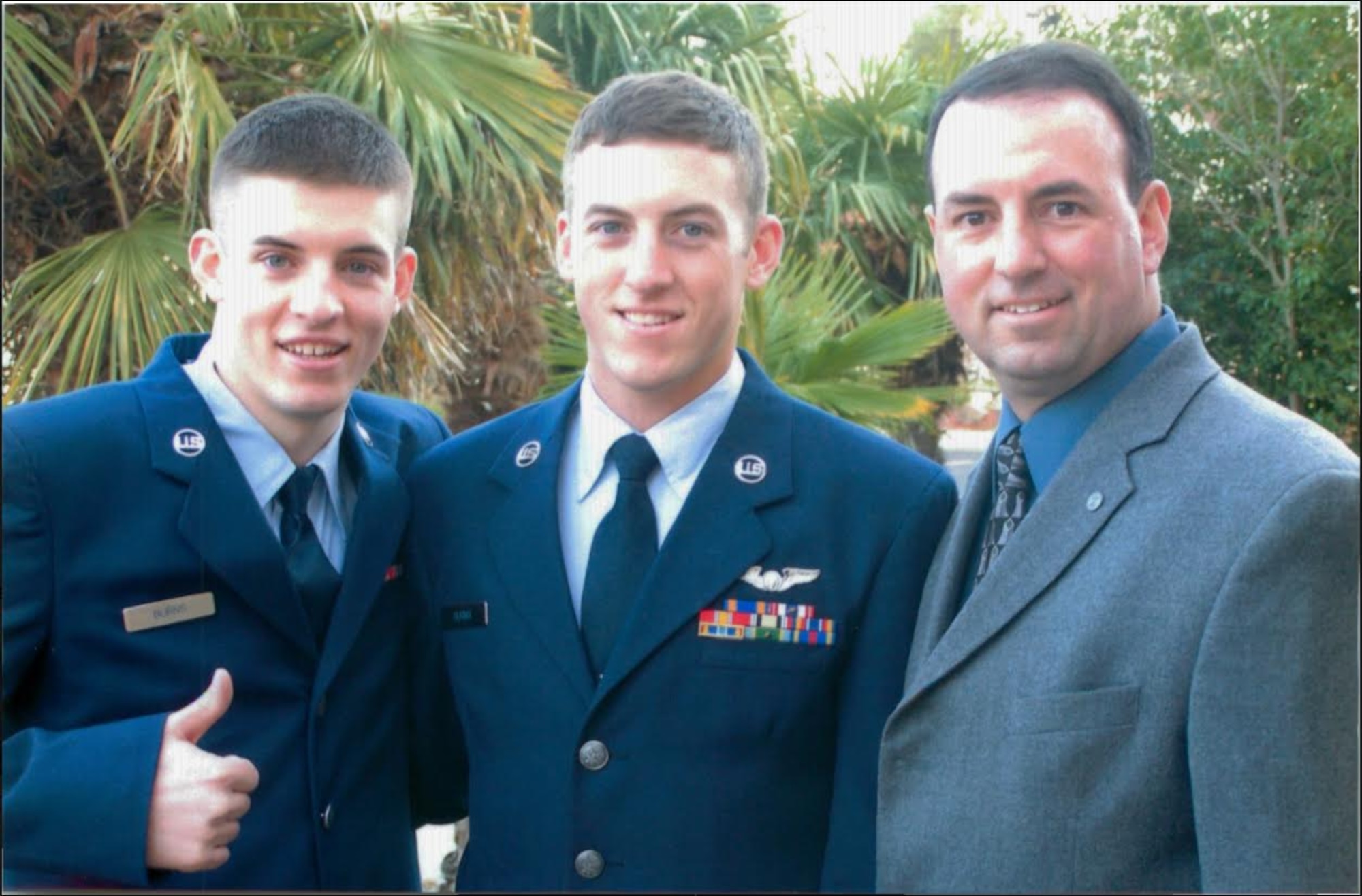 Then U.S. Air Force Senior Airmen Mathew Burns, left, 9th Air Refueling Squadron flight engineer, Joshua Burns, middle, 6th ARS boom operator, and Bryan Burns, 60th Operations Support Squadron contracting officer’s representative, pose together Feb. 7, 2008, at Vacaville, California. Bryan and his family cherish Father’s Day because they spend it together every year. (courtesy photo)