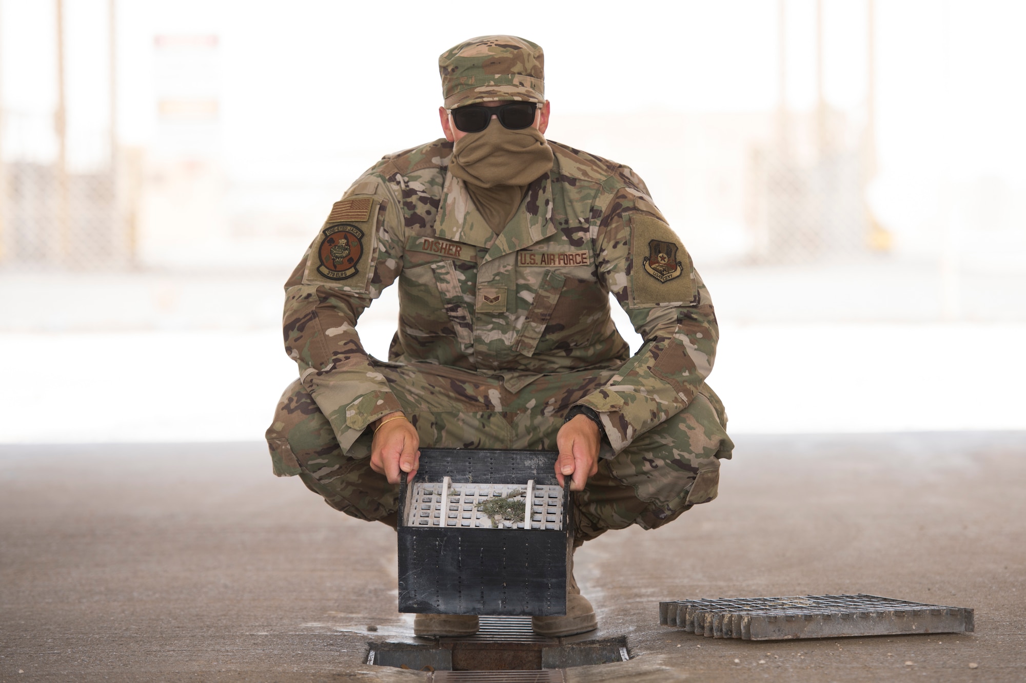 U.S. Air Force Senior Airman Ryan Disher, a vehicle operator assigned to the 379th Expeditionary Logistics Readiness Squadron, displays his team’s winning submission in the U.S. Air Forces Central Command Spark Tank competition at Al Udeid Air Base, Qatar, June 13, 2020.