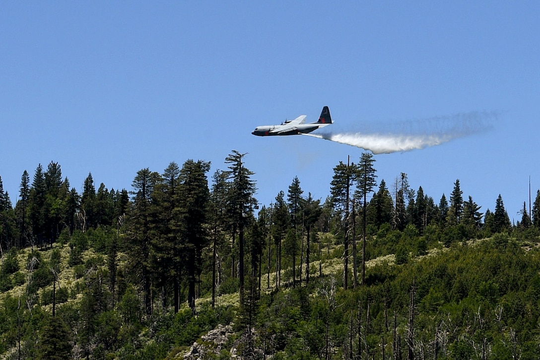 An aircraft releases water over forest.