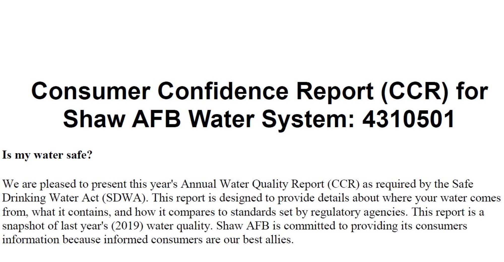 Photo of the Shaw Air Force Base, South Carolina, 2019 Consumer Confidence Report stating that the water is safe for consumption.