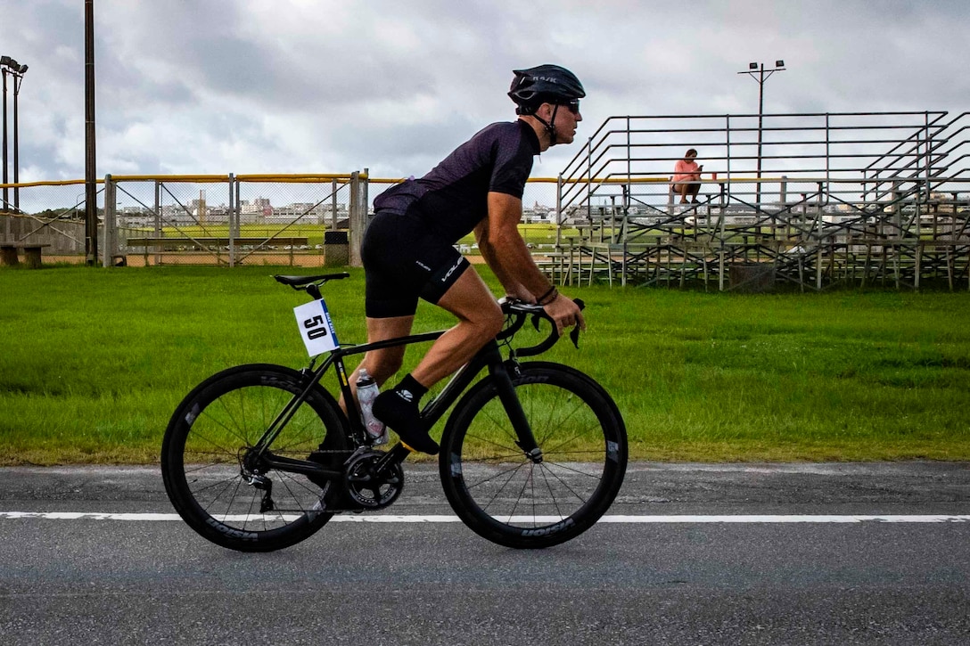 A U.S. Marine participates in the Annual Marine Corps Community Services Futenma Bike Race at Marine Corps Air Station Futenma, Okinawa, Japan on June 21.