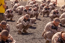 Recruits with Hotel Company, 2nd Recruit Training Battalion, conduct a back breakfall during a Marine Corps Martial Arts practice session at Marine Corps Recruit Depot, San Diego, June 15, 2020.