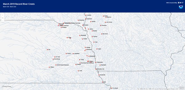 Between March 13 and March 23, 2019, per preliminary analysis by the National Weather Service, over 50 gages on the Missouri River and its tributaries in the region set new stage records. Nearly all of these new records were on unregulated areas of the Missouri Basin -- tributaries and the Missouri River downstream of Gavins Point Dam.