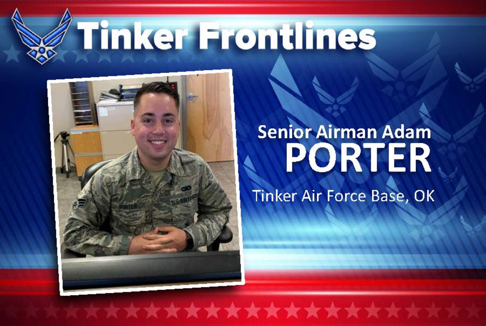 Senior Airman Adam Porter, with the 72nd Security Forces Squadron, is a Visitor Control Center badging clerk. He has been in the Air Force for three years.