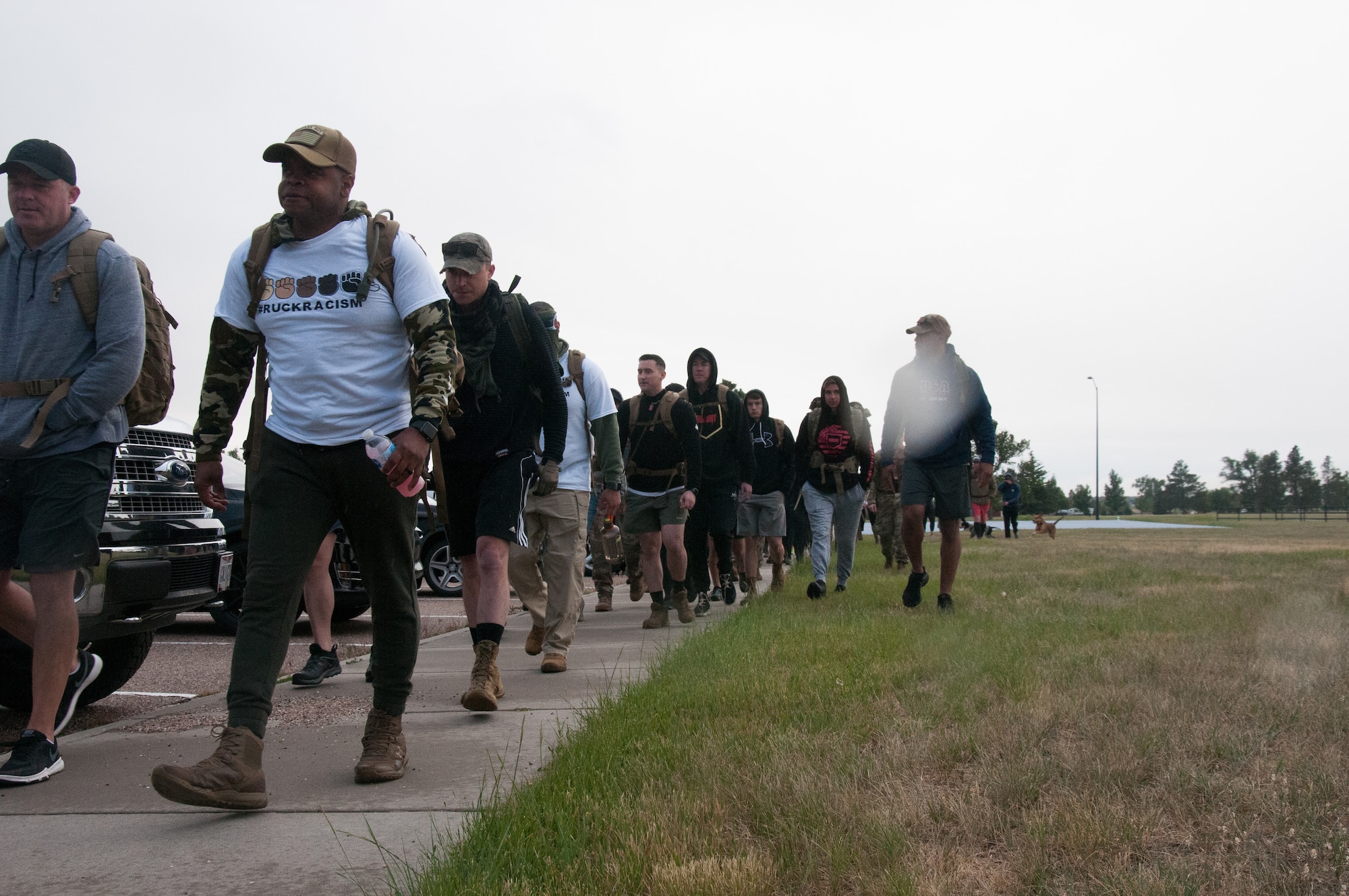 The ruck march was an event organized by 20th Air Force headquarters staff to build comradery and create a space for difficult conversations about racism and discrimination. U.S. Air Force photo by 1st Lt Ieva Bytautaite.