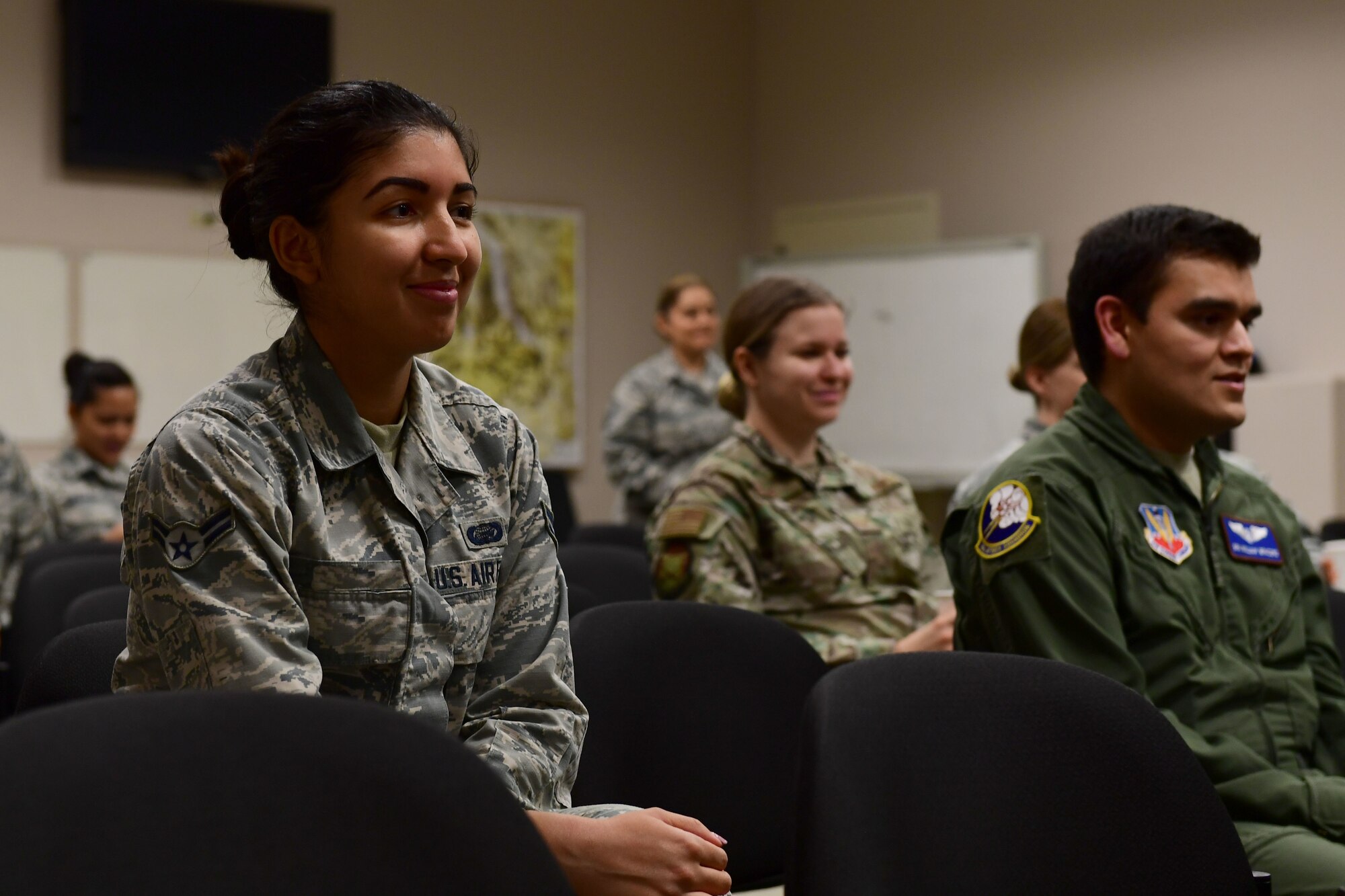 Airmen in uniform attend a diversity council meeting at Creech Air Force Base.