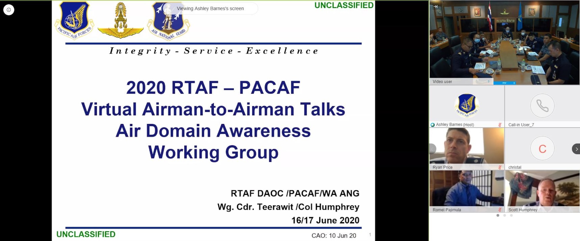 Royal Thai Air Force personnel along with Washington Air National Guard and Pacific Air Forces Airmen begin a briefing during the seventh iteration of the Airman-to-Airman Talks, June 16, 2020. Due to the Coronavirus, the annual talks took place virtually for the first time, June 15 through 18; however, that didn’t stop the important discussions from being held. (Courtesy photo)