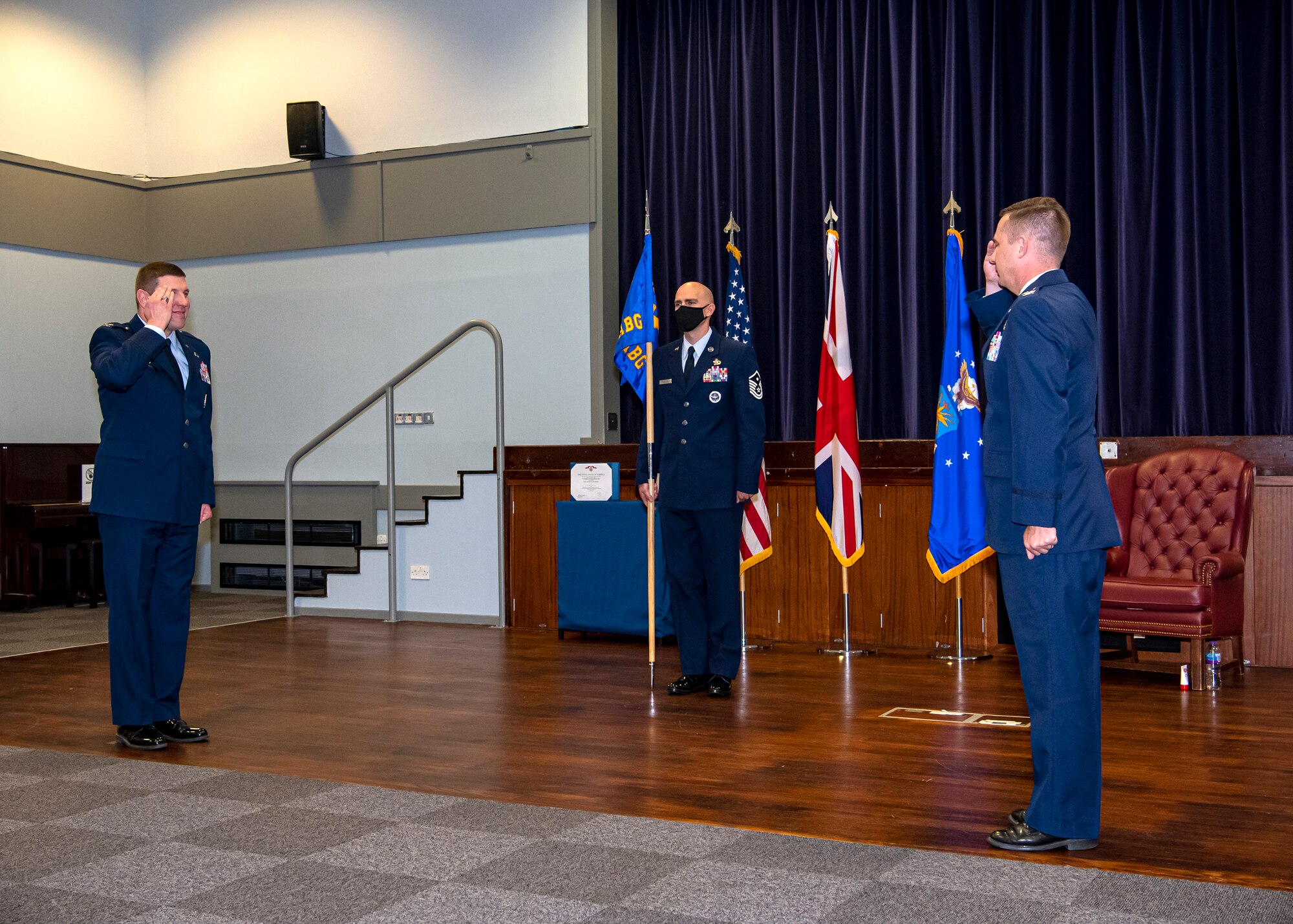 Col. Jon Hannah, right, assumes command of the 422d Air Base Group from Col. Kurt Wendt, 501st Combat Support Wing commander, during a change of command ceremony at RAF Croughton, England, June 22, 2020. Hannah previously served as the Chief of Staff, Headquarters Third Air Force, United States Air Forces in Europe and Air Forces Africa, Ramstein AB, Germany. (U.S. Air Force photo by Senior Airman Eugene Oliver)