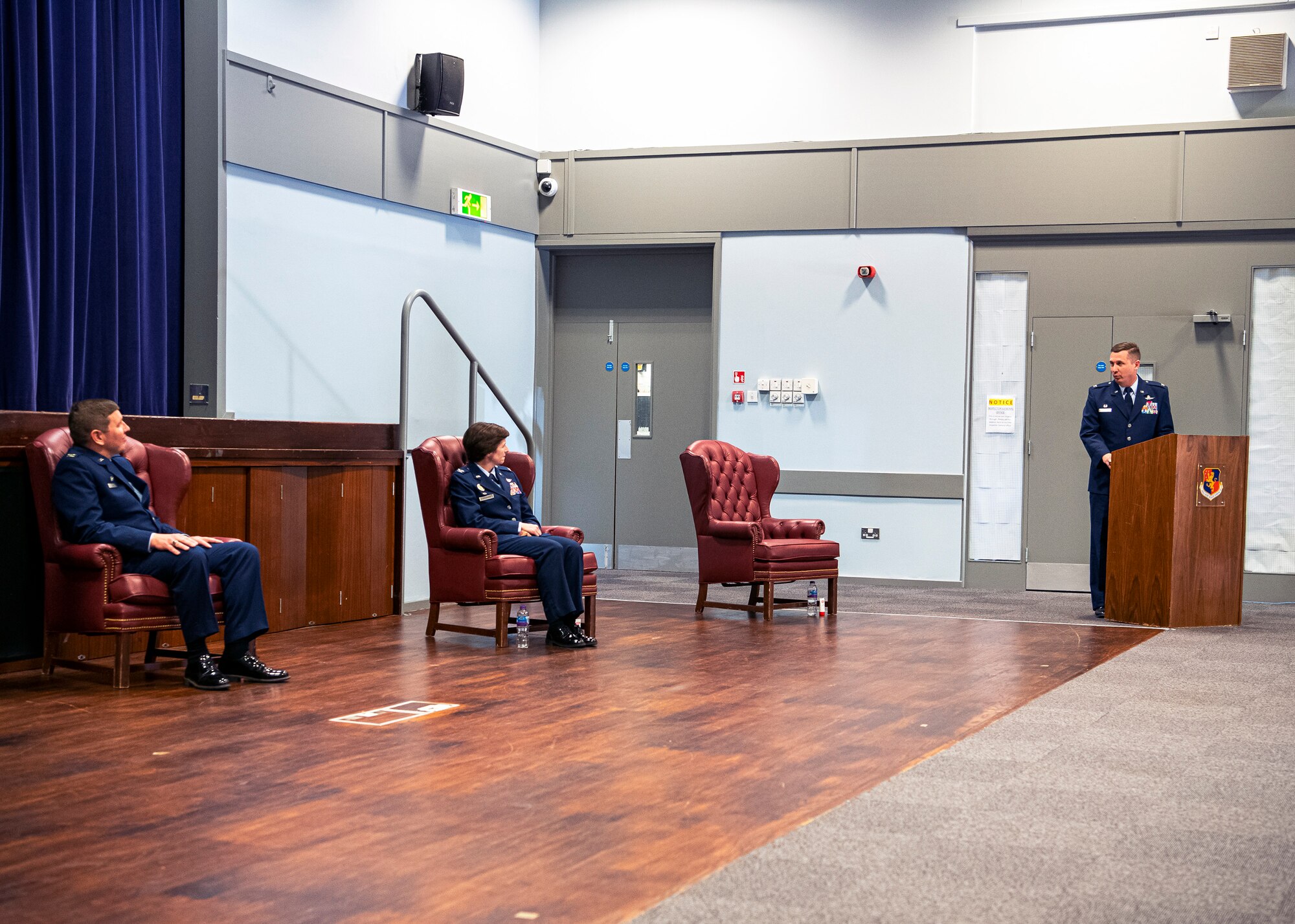 Col. Jon Hannah, right, incoming 422 Air Base Group commander, speaks during a change of command ceremony, at RAF Croughton, England, June 22, 2020. Hannah previously served as the Chief of Staff, Headquarters Third Air Force, United States Air Forces in Europe and Air Forces Africa, Ramstein AB, Germany. (U.S. Air Force photo by Senior Airman Eugene Oliver)