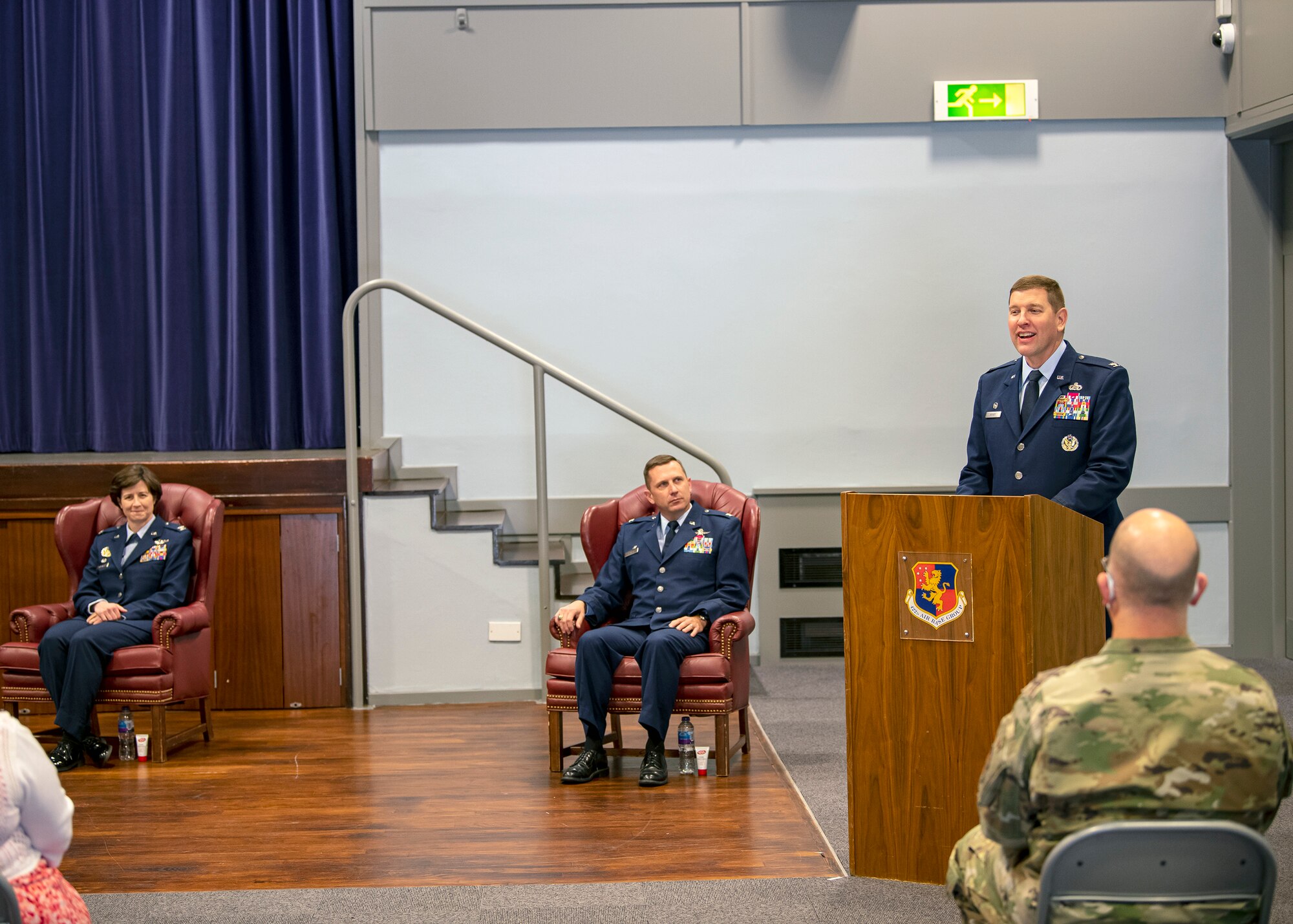 Col. Kurt Wendt, center right, 501st Combat Support Wing commander, speaks during a change of command ceremony, at RAF Croughton, England, June 22, 2020. The change of command ceremony is a military tradition that represents a formal transfer of a unit’s authority and responsibility from one commander to another. (U.S. Air Force photo by Senior Airman Eugene Oliver)