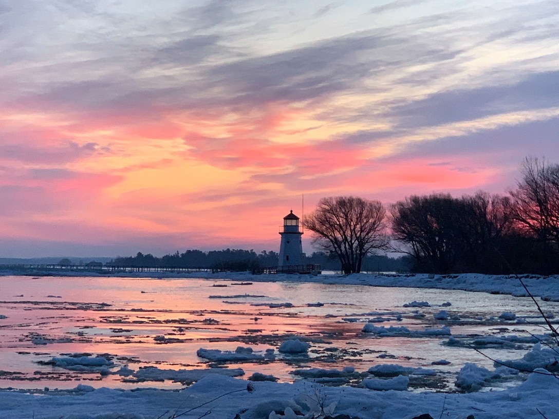2020 USACE, Detroit District, Photo Contest First Place Winner with 1,113 votes - Pastel Sky at the Cheboygan, Michigan crib light