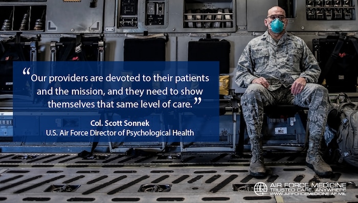 The COVID-19 pandemic can challenge the mental wellness of health workers and contribute to provider burnout. Air Force medics are cautioned to be alert for signs of numbness in themselves or colleagues, and make time for self-care and recharge. (U.S. Air Force graphic)