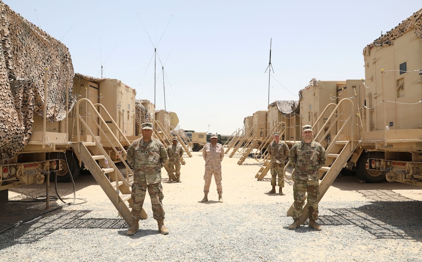 U.S. Army Soldiers from Task Force Spartan show Kuwaiti Land Forces Chief of Plans their mobile command post in Kuwait, June 8, 2020. This meeting allows U.S. Forces and Kuwaiti Land Forces to share ideas and best practices. (U.S. Army National Guard photo by Sgt. Trevor Cullen)