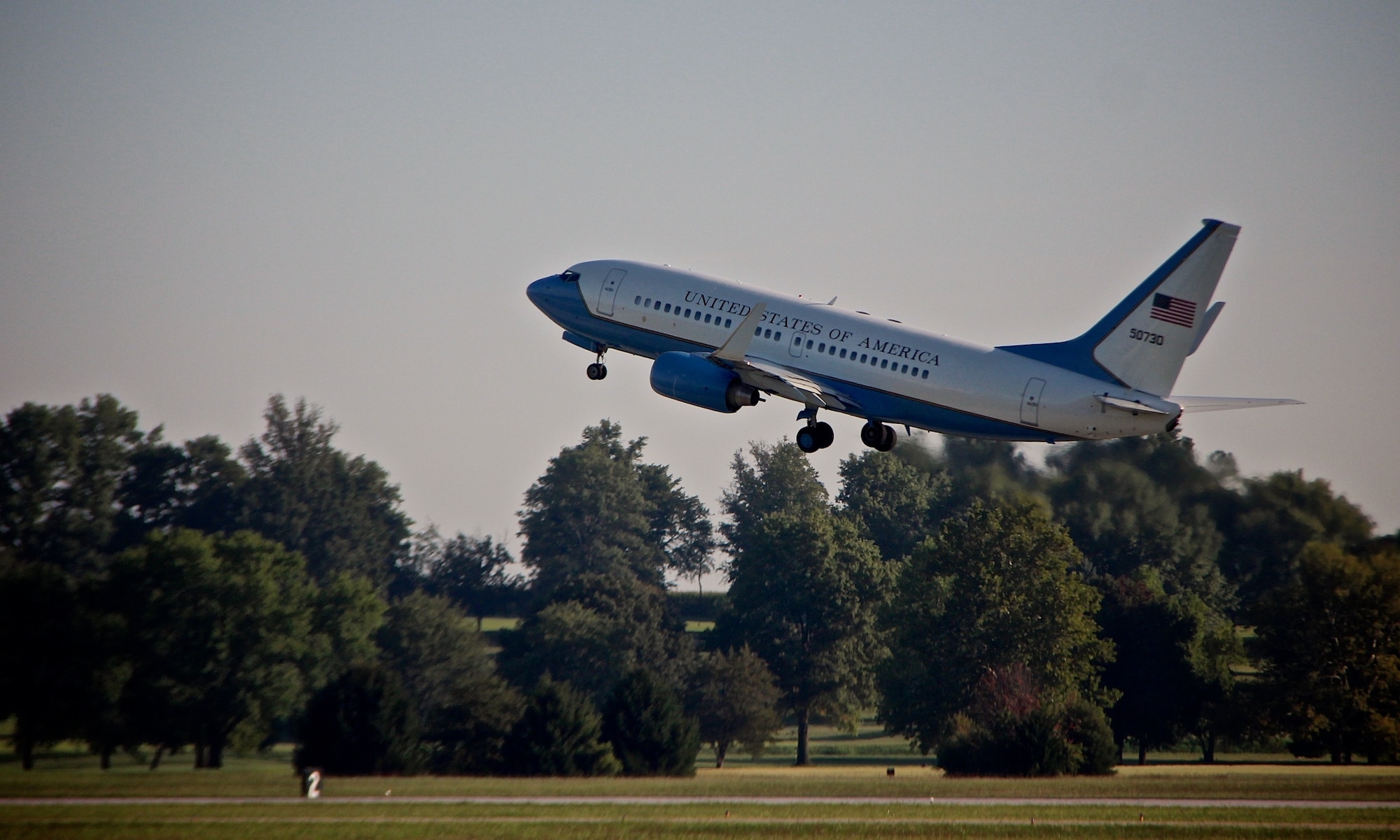 A C-40C aircraft with the 932nd Airlift Wing departs Sept 8, 2017 from  Scott Air Force Base, Illinois, heading to Tyndall Air Force Base to pick up fellow service members ahead of approaching Hurricane Irma. (U.S. Air Force photo by Lt. Col. Stan Paregien)