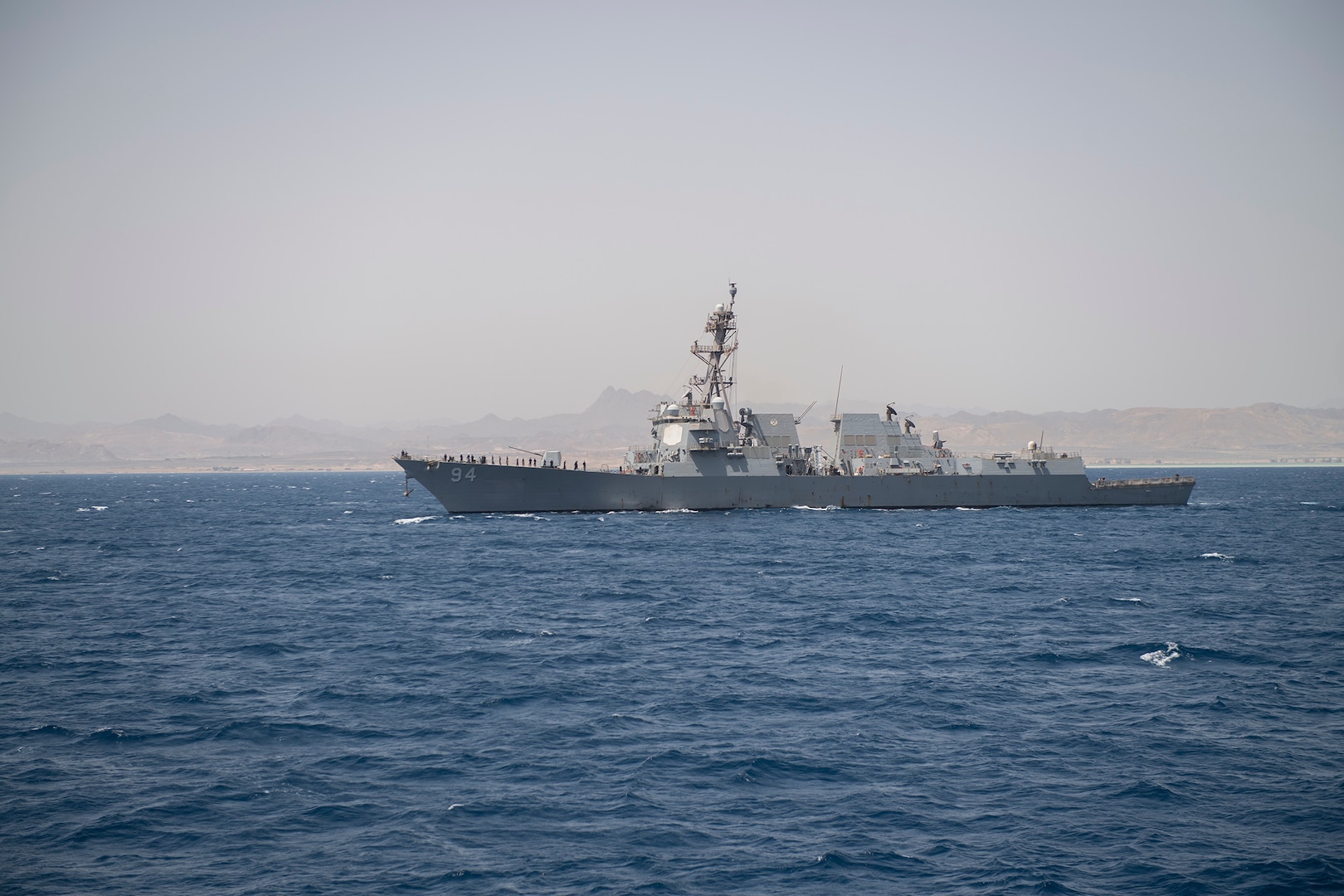 The Arleigh Burke-class guided-missile destroyer USS Nitze (DDG 94) departs Safaga, Egypt after a port visit, July 20, 2019.