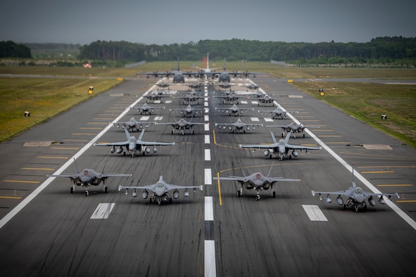 Twelve U.S. Air Force F-16CM Fighting Falcons, 12 Koku-Jieitai F-35A Lightning II Joint Strike Fighters, two U.S. Navy EA-18G Growlers, a USN C-12 Huron, two USAF MC-130J Commando II aircraft, and a USN P-8 Poseidon participate in an “Elephant Walk” at Misawa Air Base, June 22, 2020. The Elephant Walk showcased Misawa Air Base’s collective readiness and ability to generate combat airpower at a moment's notice to ensure regional stability throughout the Indo-Pacific. This is Misawa Air Base’s first time hosting a bilateral and joint Elephant Walk. (U.S. Air Force photo by Airman 1st Class China M. Shock)