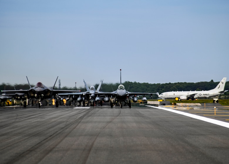Twelve U.S. Air Force F-16CM Fighting Falcons, 12 Koku-Jieitai F-35A Lightning II Joint Strike Fighters, two U.S. Navy EA-18G Growlers, a USN C-12 Huron, two USAF MC-130J Commando II aircraft, and a USN P-8 Poseidon participate in an 