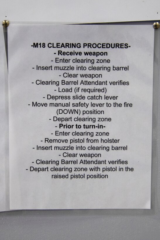 A M18 clearing procedures list hangs on a wall in the armory at Joint Base Andrews, Md., June 17, 2020. These procedures ensure the safety of everyone in and around the armory.