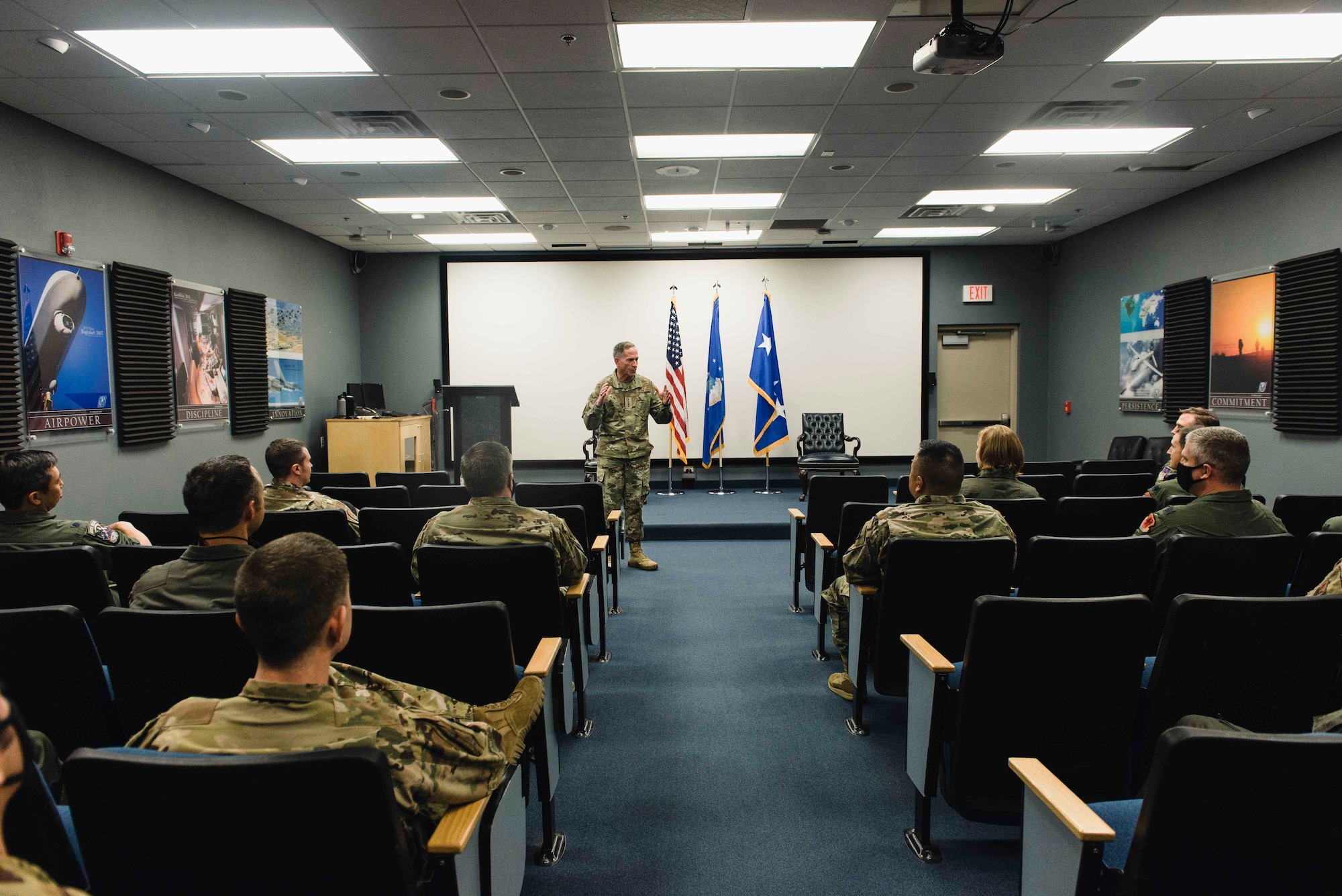 Air Force Chief of Staff Gen. David L. Goldfein speaks to squadron leadership in a meeting room at Creech Air Force Base