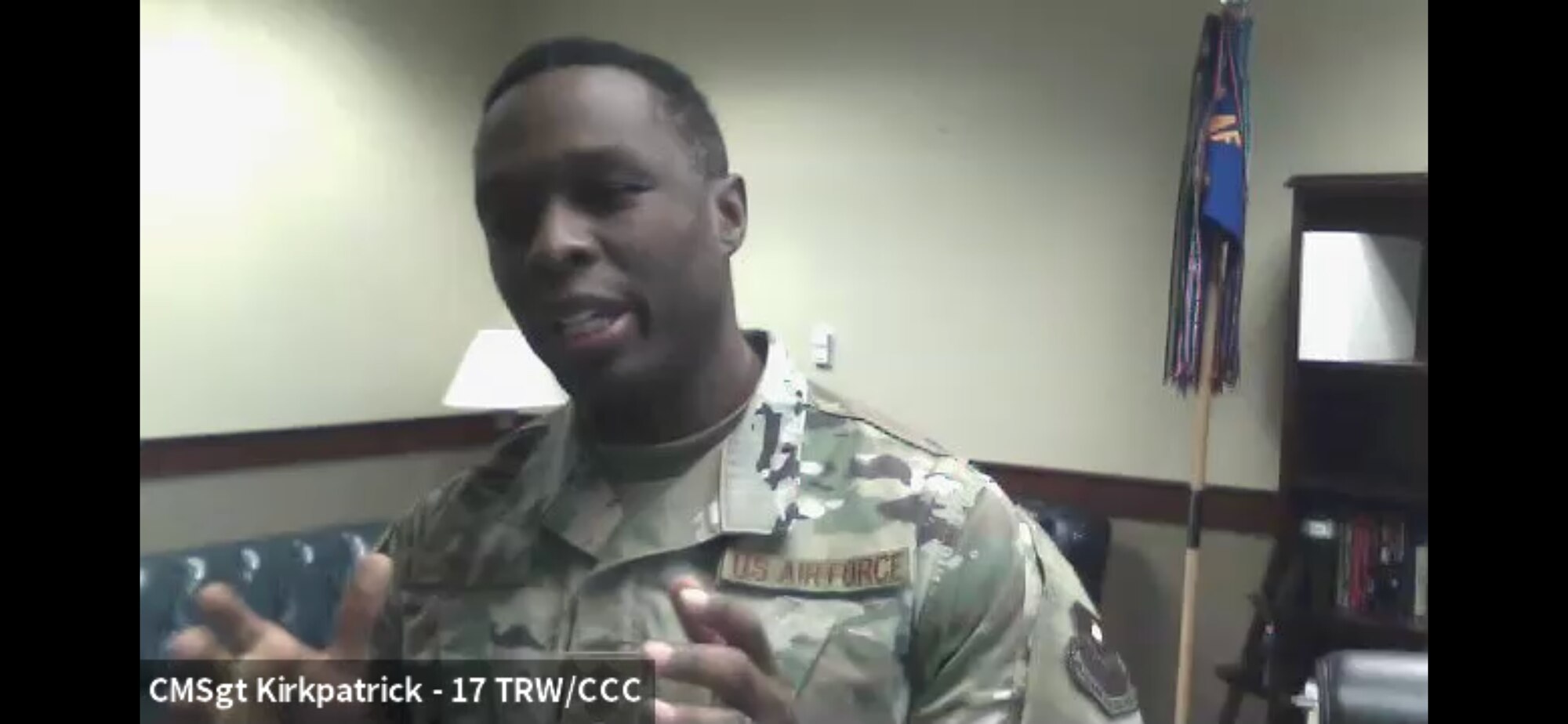 U.S. Air Force Chief Master Sgt. Lavor Kirkpatrick, 17th Training Wing command chief speaks on his experience in the military compared to the outside world on Goodfellow Air Force Base, Texas, June 2, 2020. Kirkpatrick took part in the Zoom meeting addressing our nation’s current problems. (Courtesy photo)