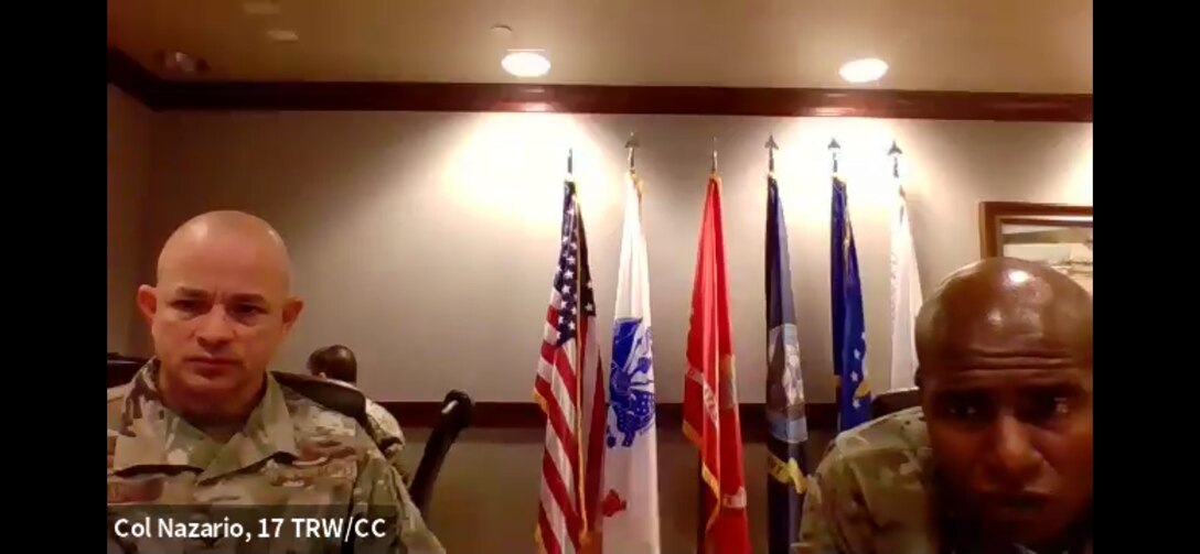U.S. Air Force Col. Andres Nazario, 17th Training Wing commander and Col. James Finlayson, 17th TRW vice commander discuss how the base will be responding to current events during a zoom meeting on Goodfellow Air Force Base, Texas, June 2, 2020. Understanding, prompted by dialogue, indicated the solution is to not have an answer. (Courtesy Photo)