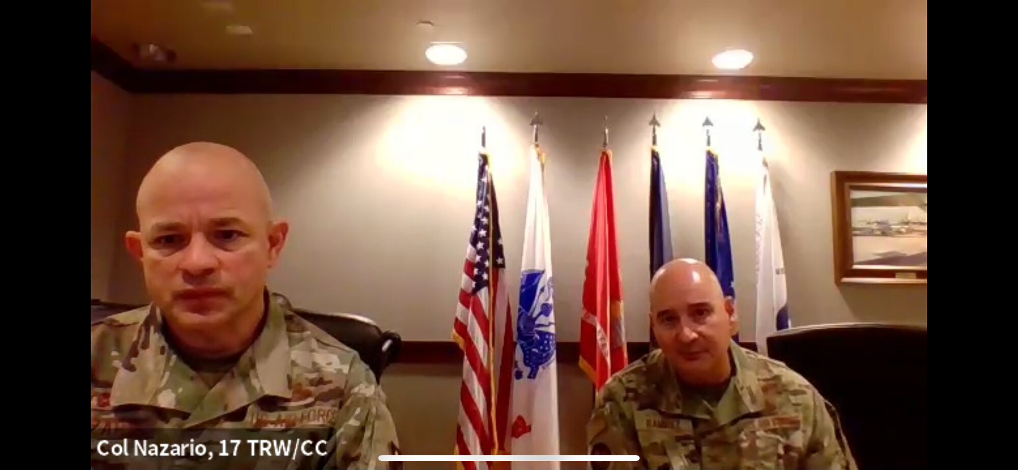 U.S. Air Force Col. Andres Nazario, 17th Training Wing commander and Col. Robert Ramirez, former 17th TRW vice commander express their pain during the Zoom meeting on Goodfellow Air Force Base, Texas, June 2, 2020. Ramirez spoke on the importance of prioritizing listening over talking. (Courtesy photo)