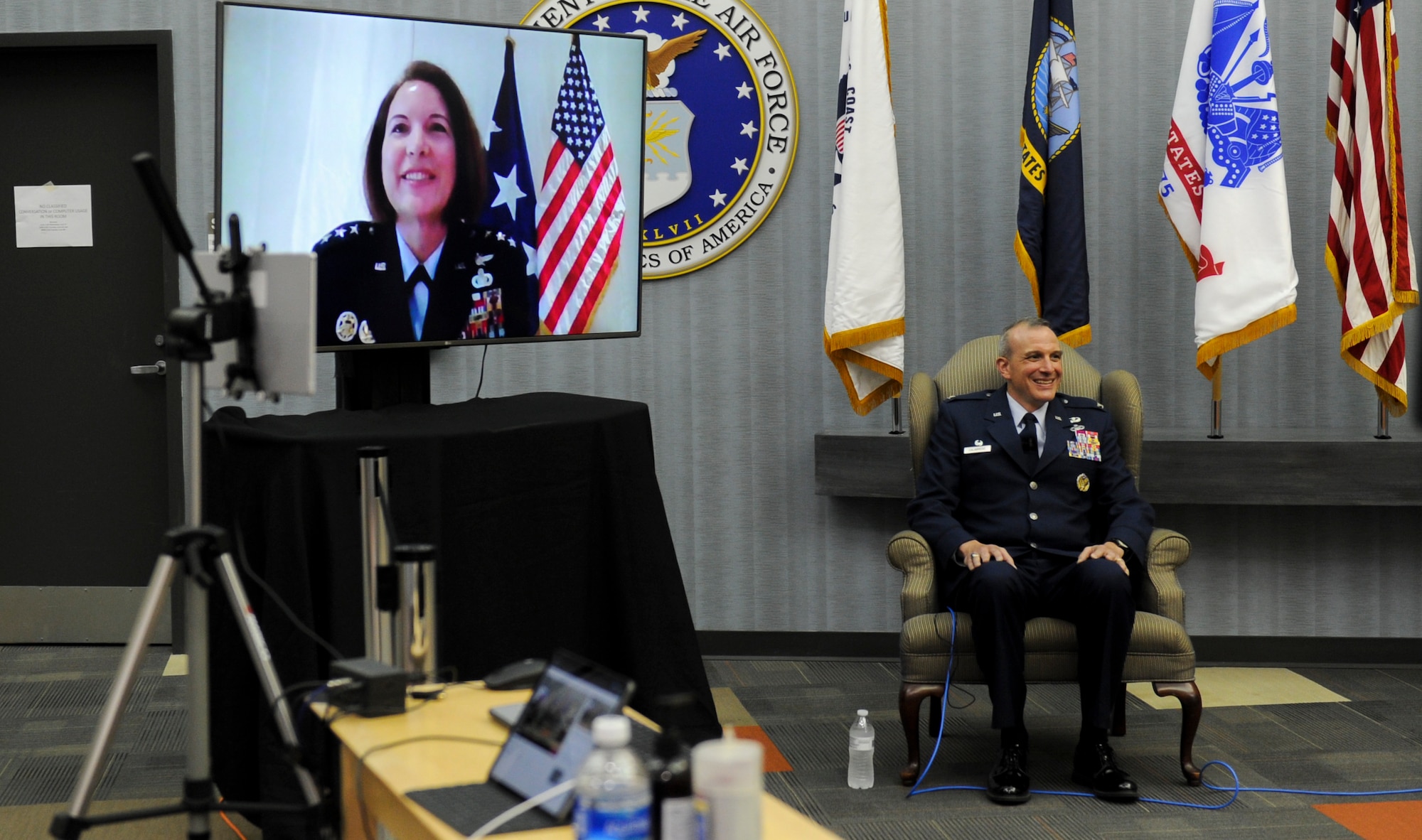 Lt. Gen. Mary O’Brien, Deputy Chief of Staff for Intelligence, Surveillance, Reconnaissance and Cyber Effects Operations, officiates the assumption ceremony for Col. Maurizio D. Calabrese as he takes command of the National Air and Space Intelligence Center June 9, 2020.