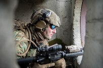 U.S. Air Force Staff Sgt. Patrick Pettus, a special warfare mission support member assigned to the 3rd Air Support Operations Squadron, conducts small unit tactics at Joint Base Elmendorf-Richardson, Alaska, June 17, 2020. The 3rd ASOS Airmen conducted the airborne training to maintain operational readiness. The focus on readiness demonstrates the installation’s resiliency and posture for the future throughout the COVID-19 pandemic.